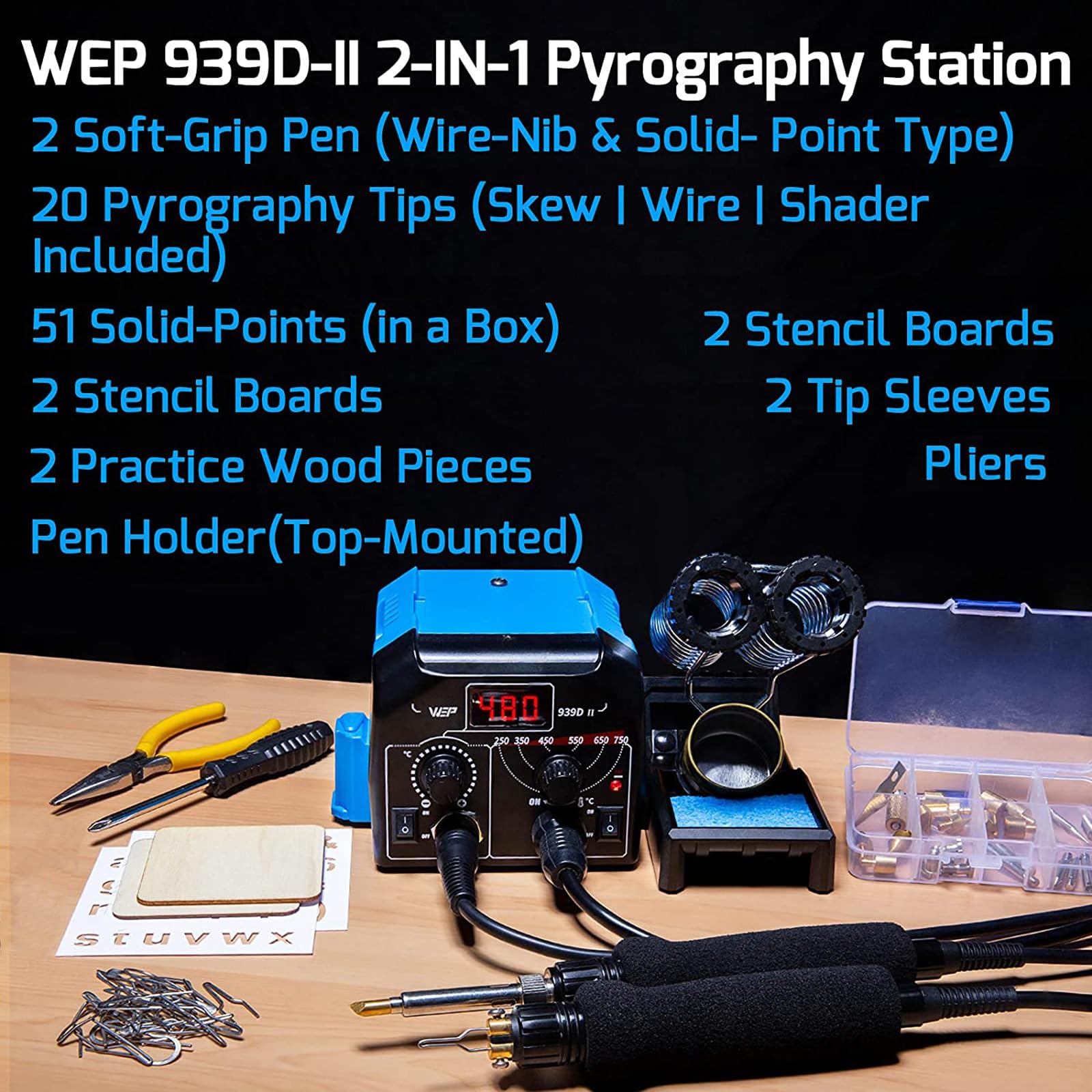WEP 939D-II 2-in-1 Wood Burning Kit with 86 Accessories - 51 Solid Points & 20 Wire Nibs - Includes 2 Letter/Number Stencils, 2 Unfinished Wood Pieces & Pen Holder - Perfect for DIY Wood Burning, Pyrography Art & Craft Projects
