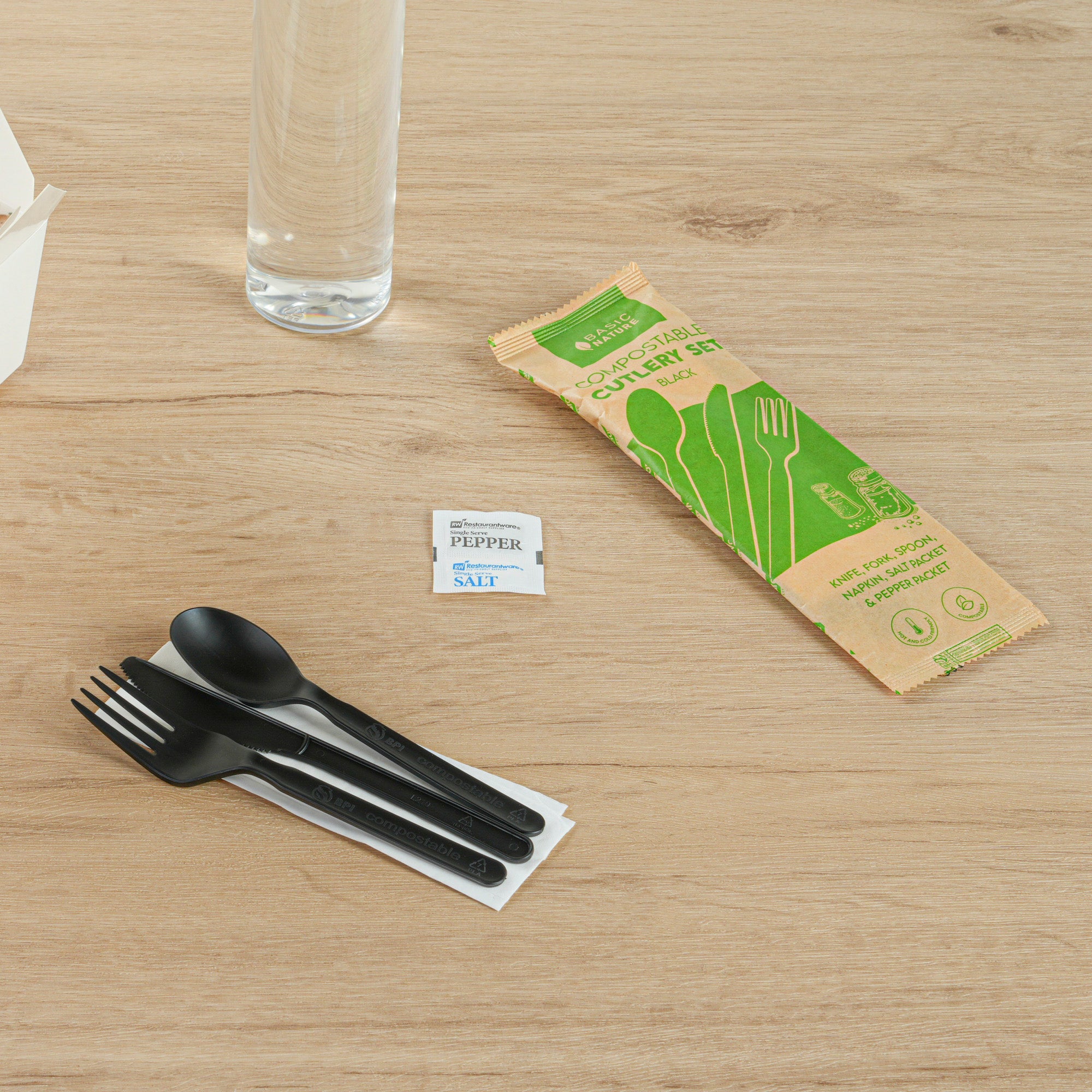 Eco-Friendly Black PLA Plastic Cutlery Set with Napkins & Salt/Pepper Packets - 250 Count Compostable Utensils for Parties, Picnics & Takeout | 6.25
