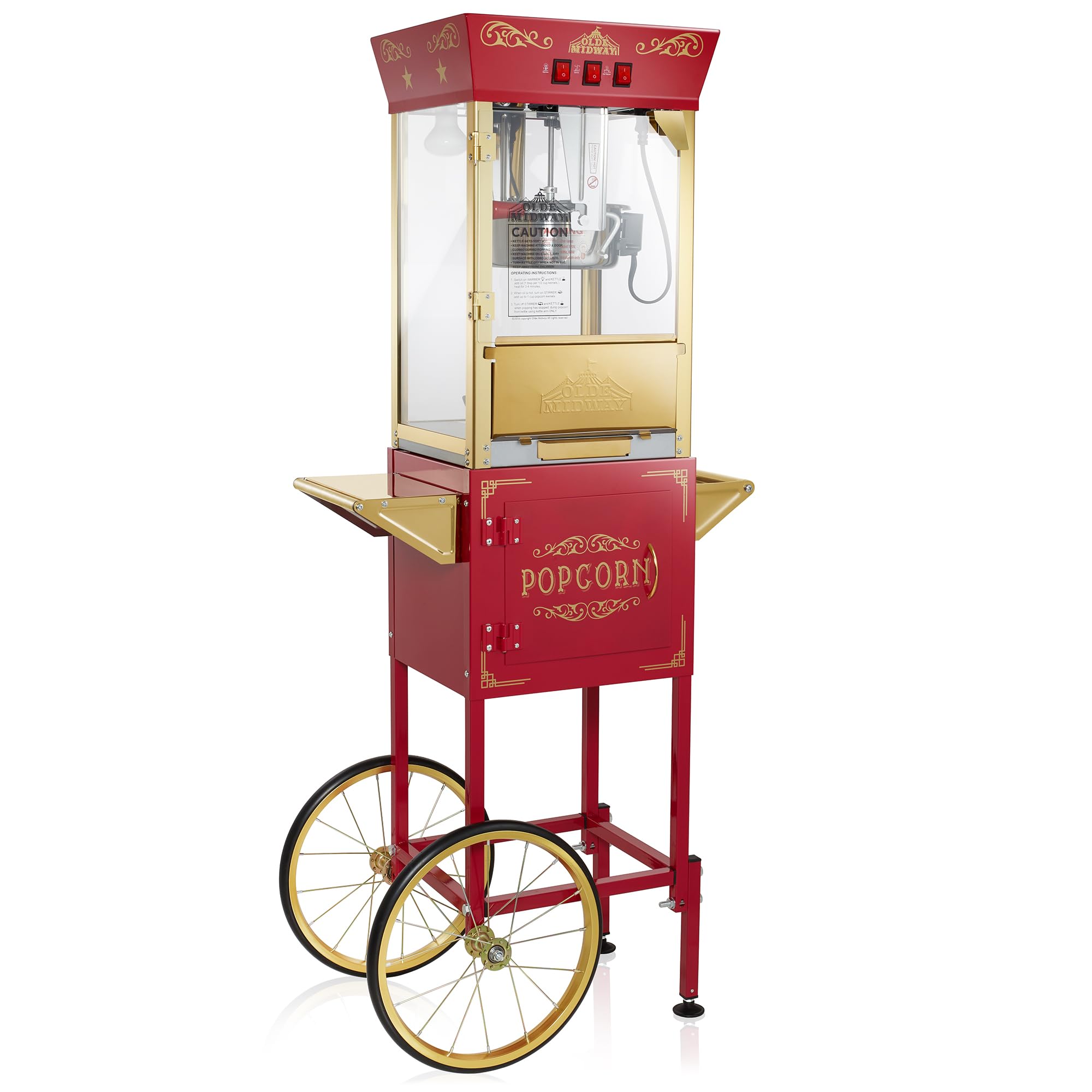 Vintage-Style Olde Midway Movie Theater Popcorn Machine with Cart & 8-Ounce Kettle - Red Commercial Popcorn Popper on Wheels for Home Theater, Parties, and Events