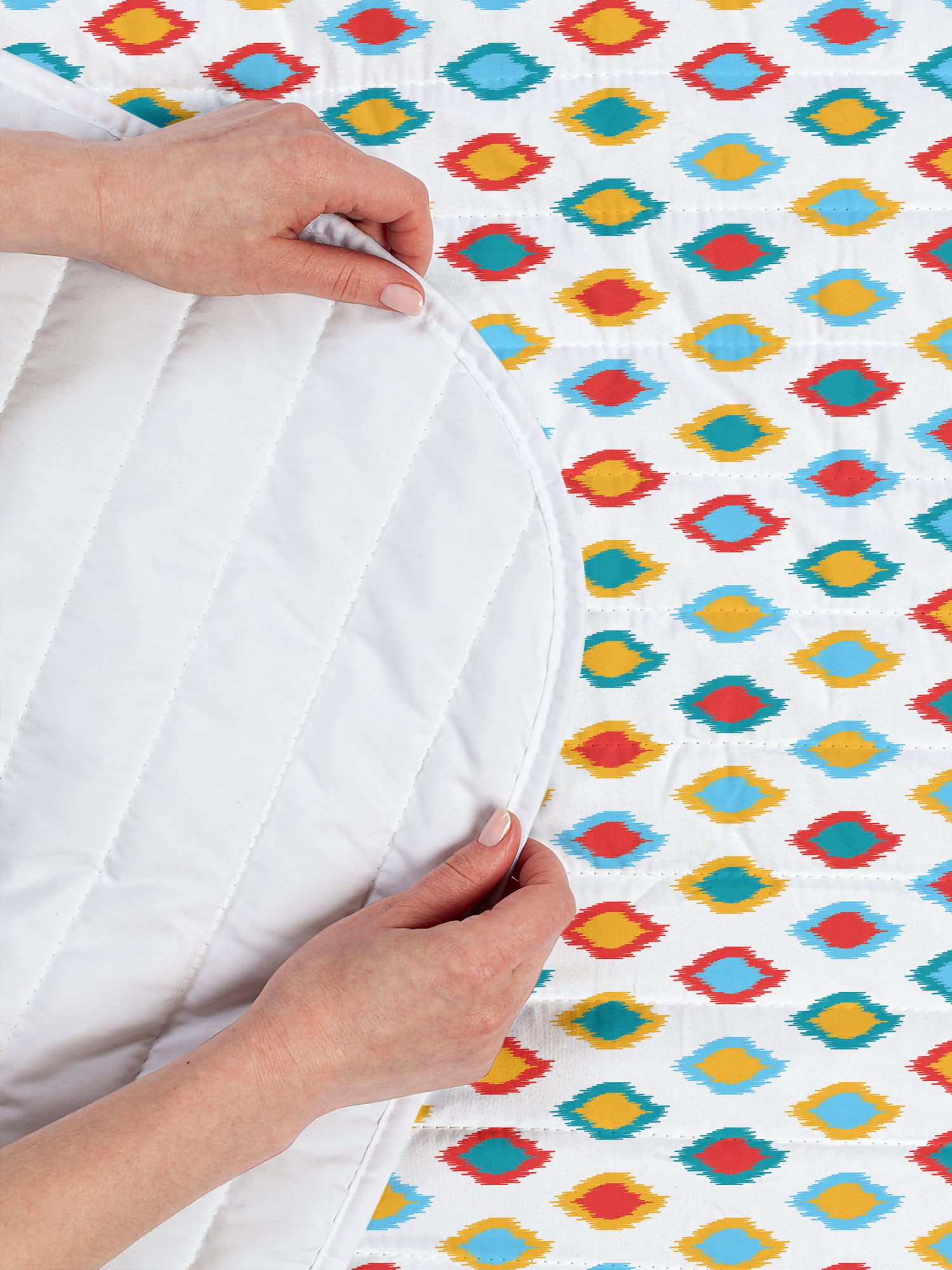Lunarable Ikat Microfiber Bedspread Set - Queen Size Soft Bedding with Pillow Shams & Comforter, Traditional Oriental Ikat Patterns in Yellow White Blue - Perfect for Boho Chic Bedroom Decor, Guest Room Makeover, and Cozy Home Styling
