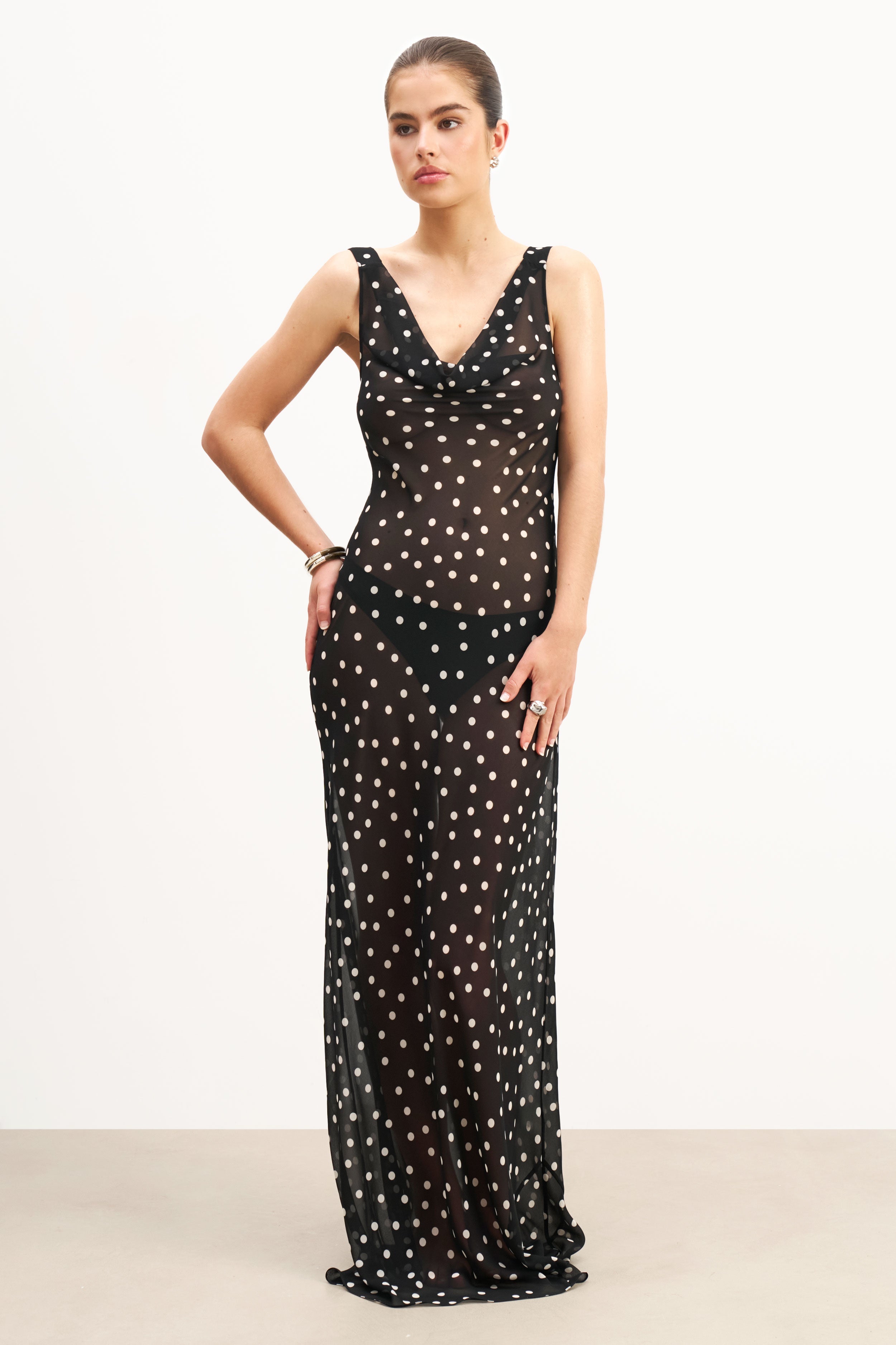 Elegant Chiffon Cowl Neck Maxi Dress with Polka Dots - Perfect for Evening Parties, Weddings & Special Occasions