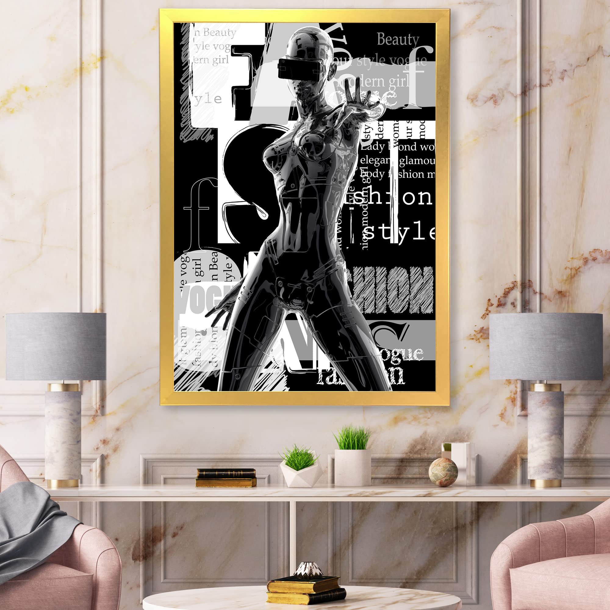 DesignQ Monochrome Cyborg Body II Modern Framed Wall Art - Futuristic Home & Office Decor for Living Room, Bedroom, or Studio