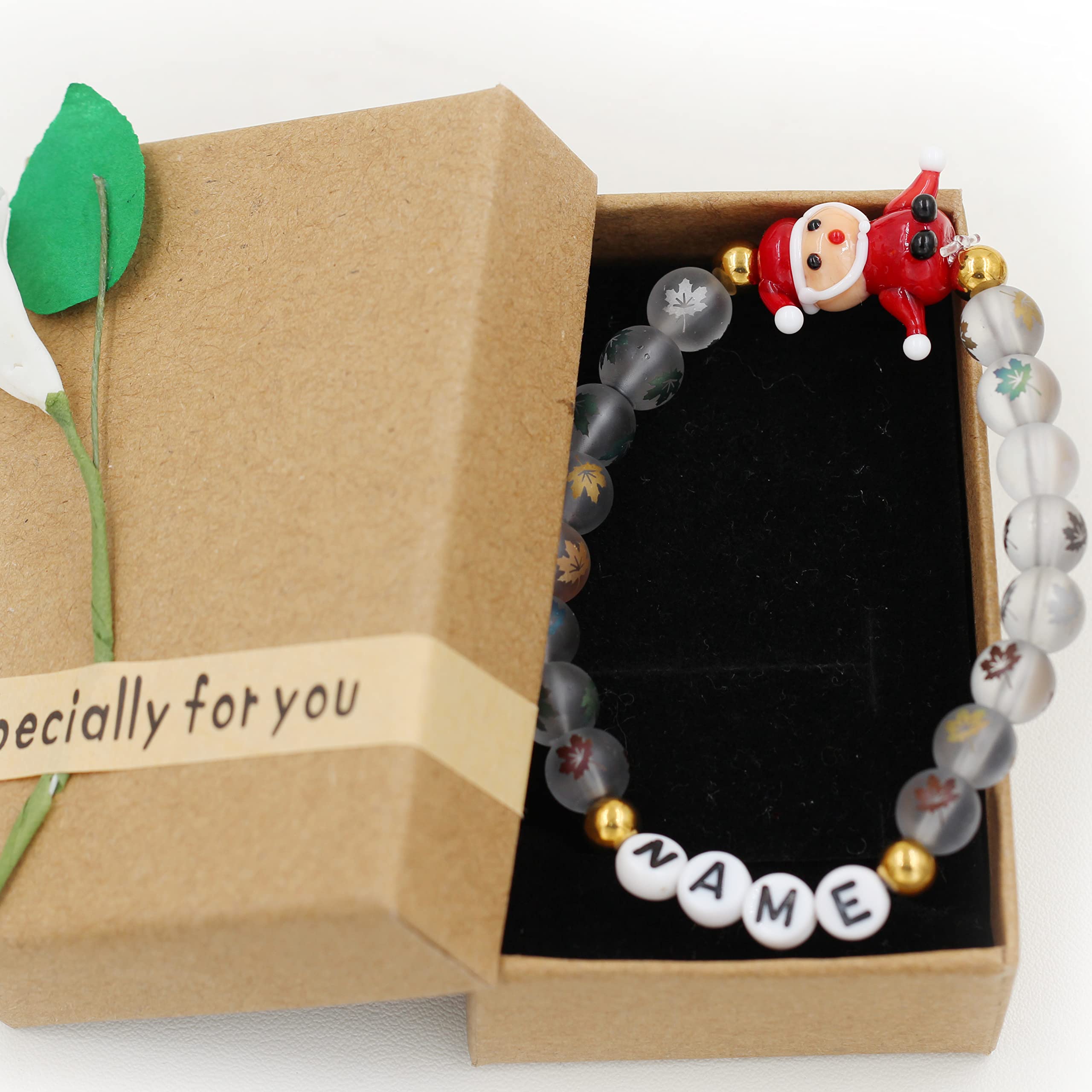 Personalized Name Custom Letter Bead Bracelet - Matte Maple & Lampwork Glass Beads - Christmas Gift for Her - Santa Claus Design - Perfect for Holiday Parties & Stocking Stuffers