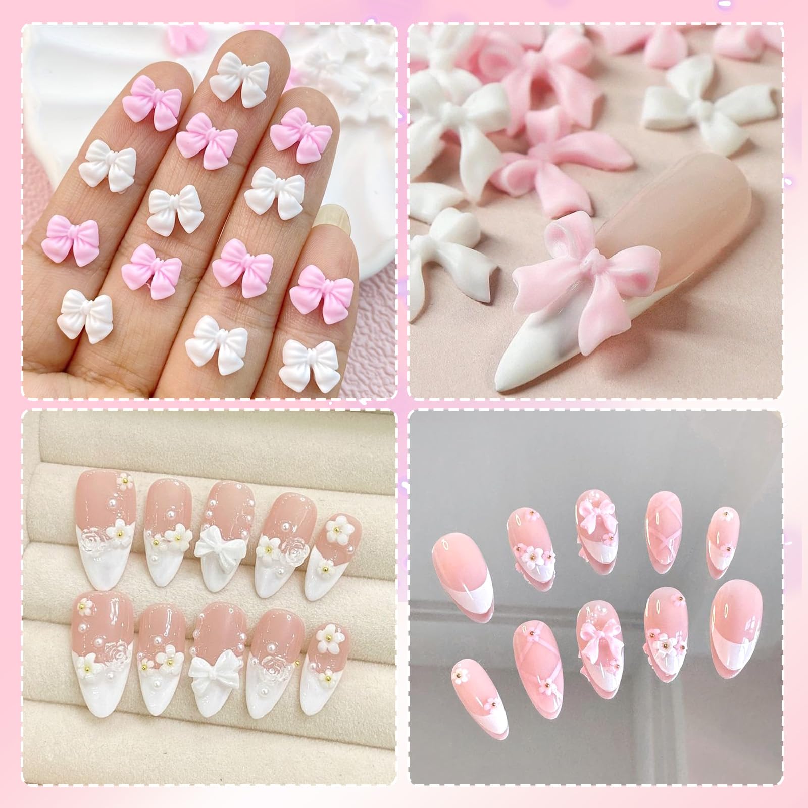 200 Pcs Pink & White 3D Bow Nail Charms - Mixed Bowknots & Bow Tie Resin Nail Art Decorations for Acrylic Nails, DIY Manicure Accessories - Perfect for Bridal, Party, Salon & Everyday Nail Art Designs