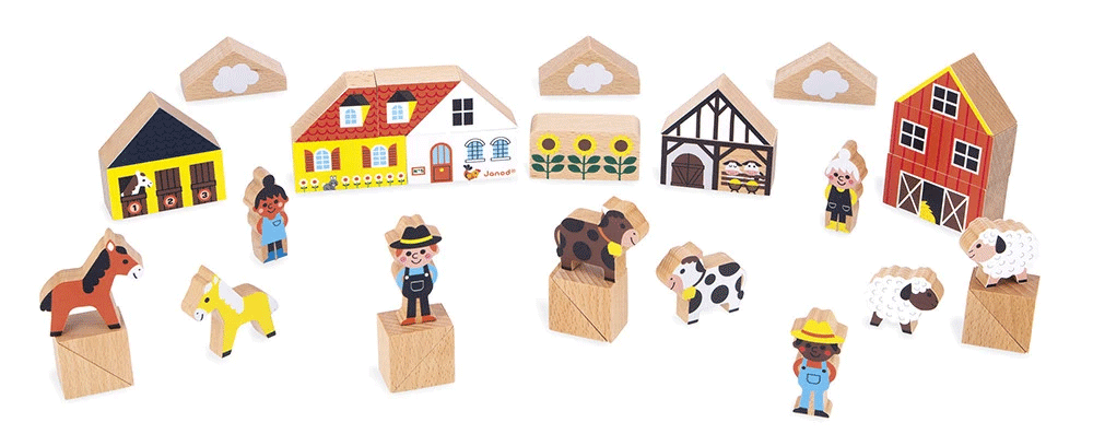 Janod Countryside Cross Roads Wooden Block Set - 34-Piece Educational Building Toy for Kids | Perfect for Creative Play, Learning Shapes & Imaginative Scenes