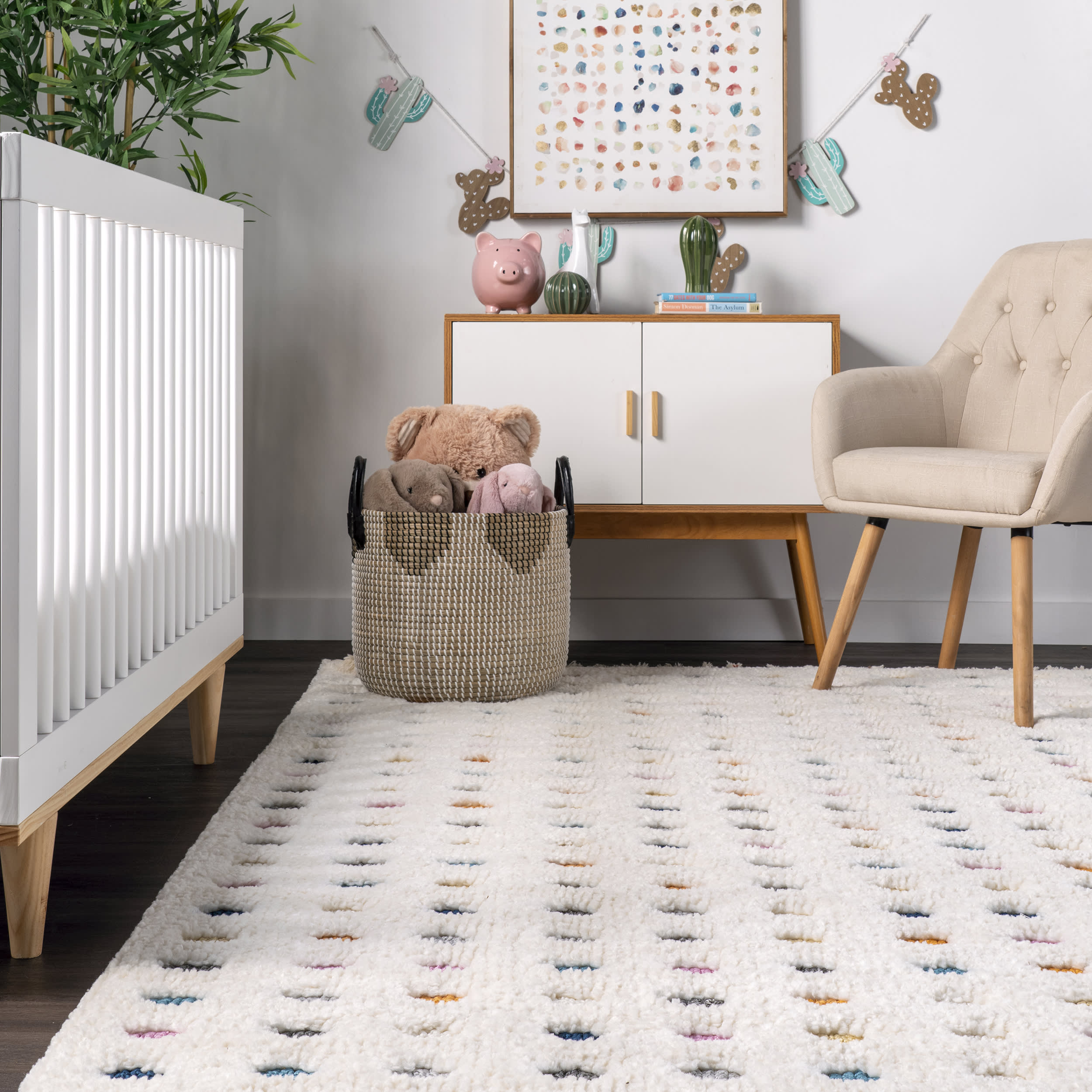 Handmade Carved Polka Dot Shag Rug - Soft Fluffy Area Rug for Living Room, Bedroom, Nursery | Off White Home Decor | Cozy & Stylish Floor Mat for Modern Interior Design