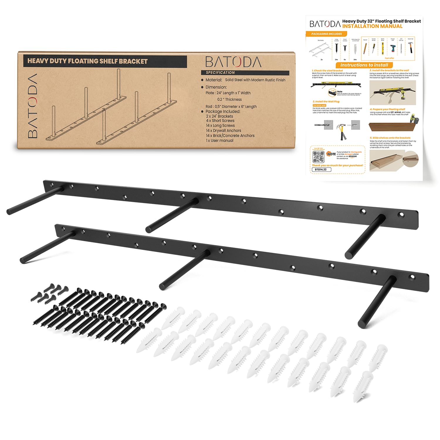 Heavy Duty 32-Inch Floating Shelf Brackets (2 Pack) – Solid Steel Hidden Shelf Supports for Wood Shelves – Kitchen, Living Room, Bathroom – Easy Mounting Hardware Included – Perfect for Home Decor & Storage Solutions