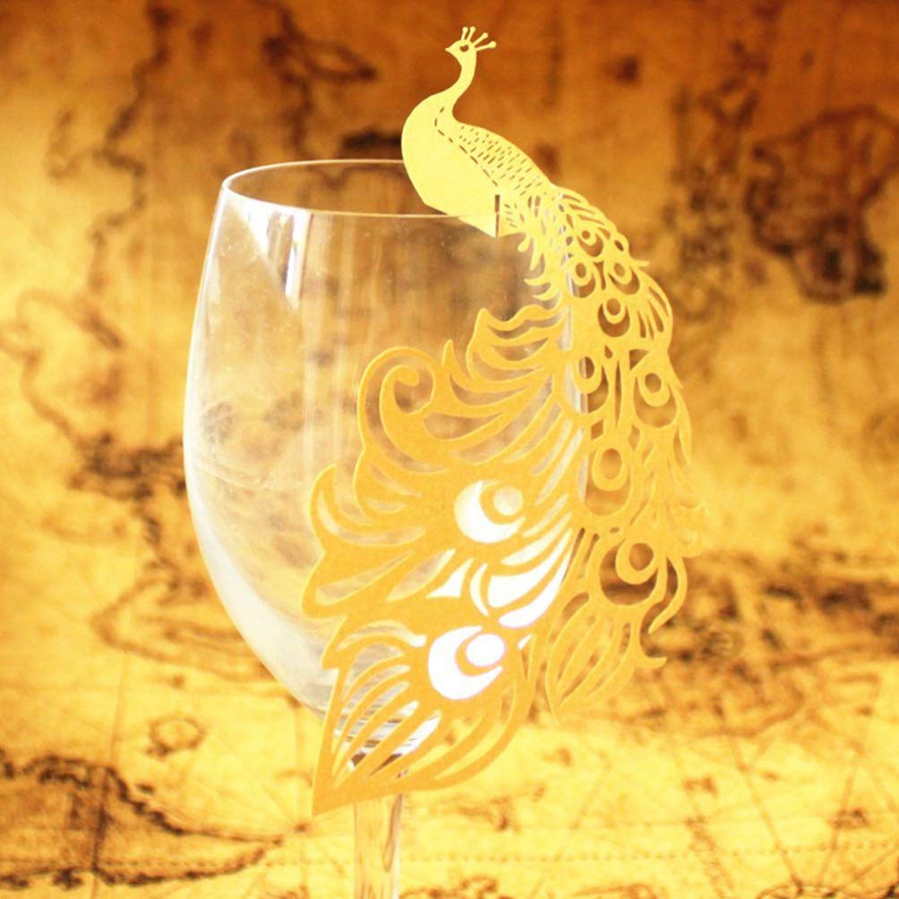 100pcs Elegant Peacock Glass Place Cards - Wine Glass Markers for Christmas Parties, Weddings & Events - Funny Drink Markers with Hollow Paper Inserts - Perfect for Table Settings, Name Cards & Business Cards