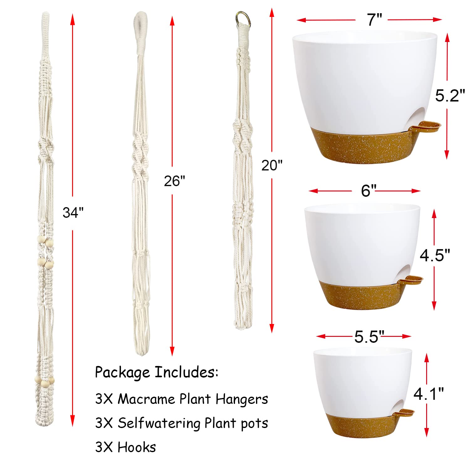 **Macrame Plant Hangers with Self-Watering Pots - 3-Piece Set for Indoor & Outdoor Plants (Small, Medium, Large) - Perfect for Balconies, Patios, and Home Decor**