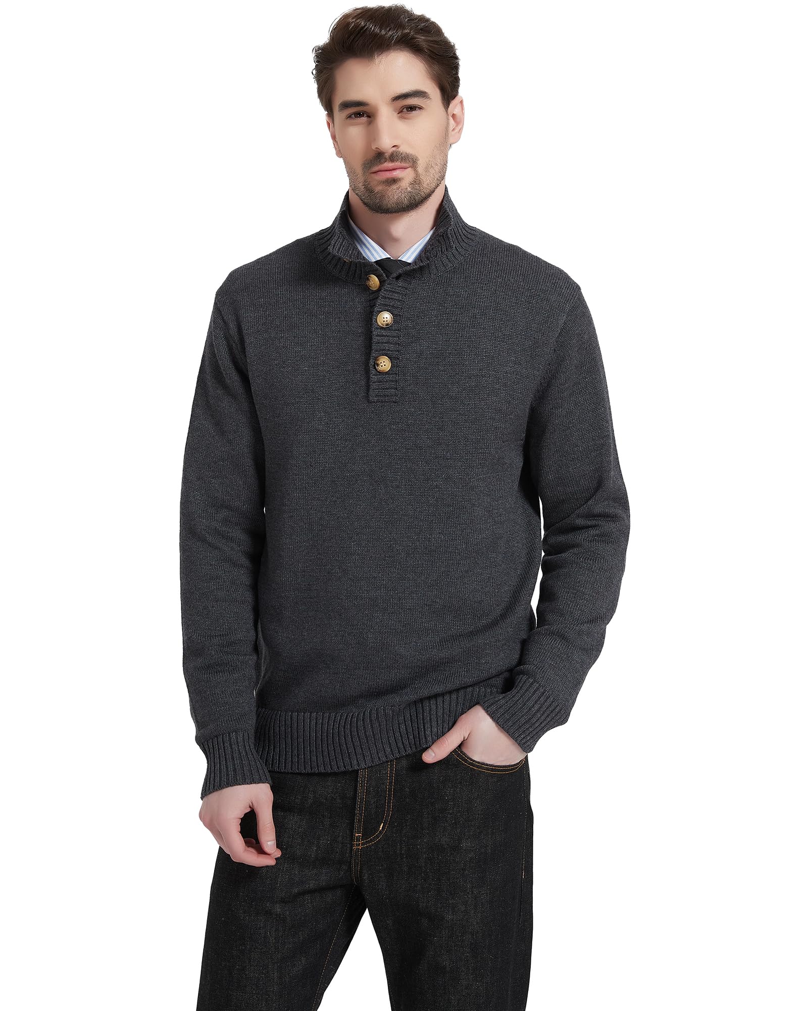 Men's Wool Blend Knit Pullover - Mock Neck Long Sleeve Sweater for Winter