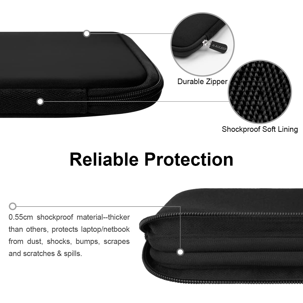 AULEEP 11-12 Inch Neoprene Laptop Sleeve, Water-Resistant Notebook & Tablet Carrying Case for Acer/Asus/Dell/Lenovo/HP, Black - Perfect for Office, School, and Travel