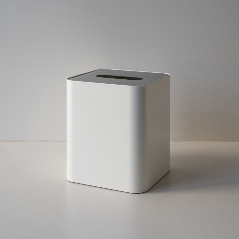 Square Tissue Box with Metal Lid - White & Brushed Steel Home Decor | Modern Tissue Holder for Living Room, Bathroom & Office