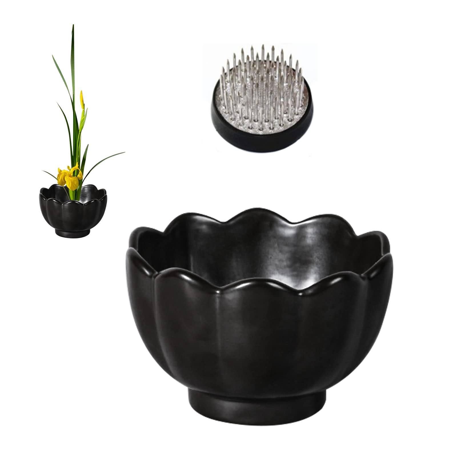 WANDIC Round Flower Frog & Ceramic Flower Pot - Black Lotus Bowl for Ikebana Floral Arrangements, Home & Office Decor - Perfect for Centerpieces, Wedding Decor, and Japanese Style Flower Displays