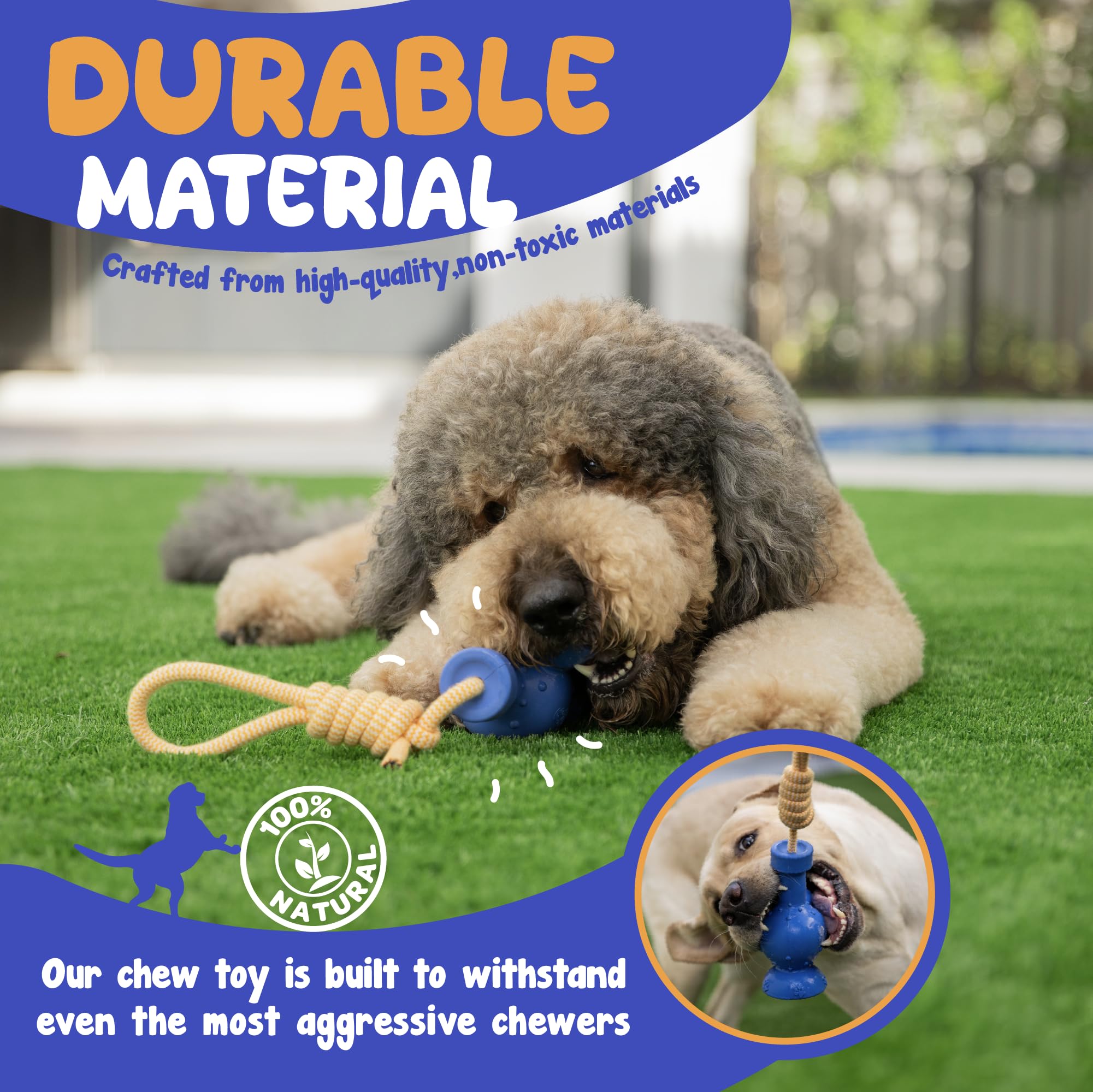 Durable Dog Tug Toy with Rope - Interactive Treat Dispensing Chew Toy for All Breeds & Sizes - Fun Rubber Tug-of-War Toy (Blue & Orange) - Perfect for Playtime, Training & Bonding with Your Dog