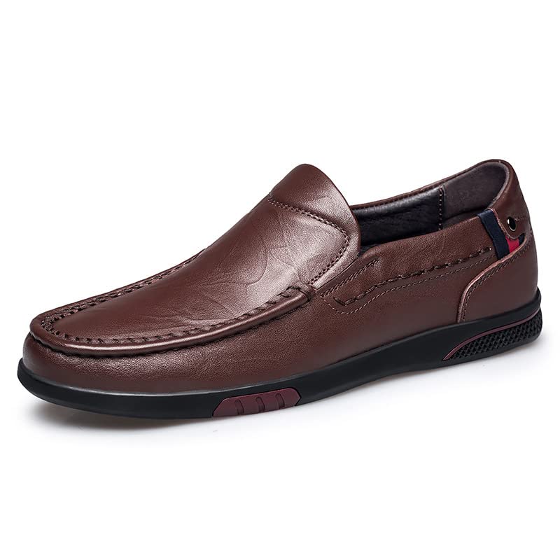 Men's Casual Leather Loafers - Spring Summer Cowhide Slip-On Shoes with Breathable Punching Design, Round Toe Flat Shoes for Office, Travel & Daily Wear