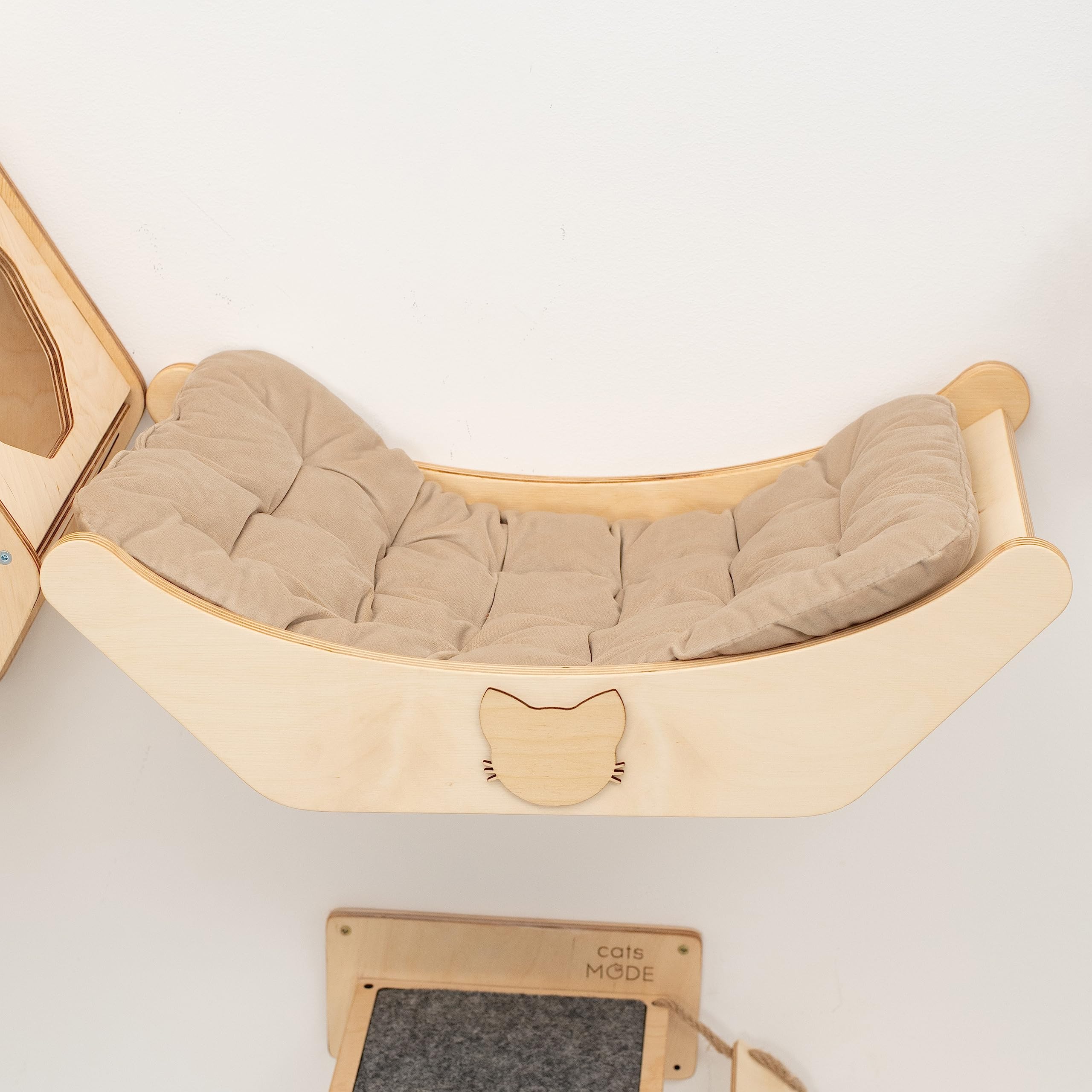Rustic Wood Cat Bed with Pillow - Pet Furniture for Indoor Cats & Home Decor