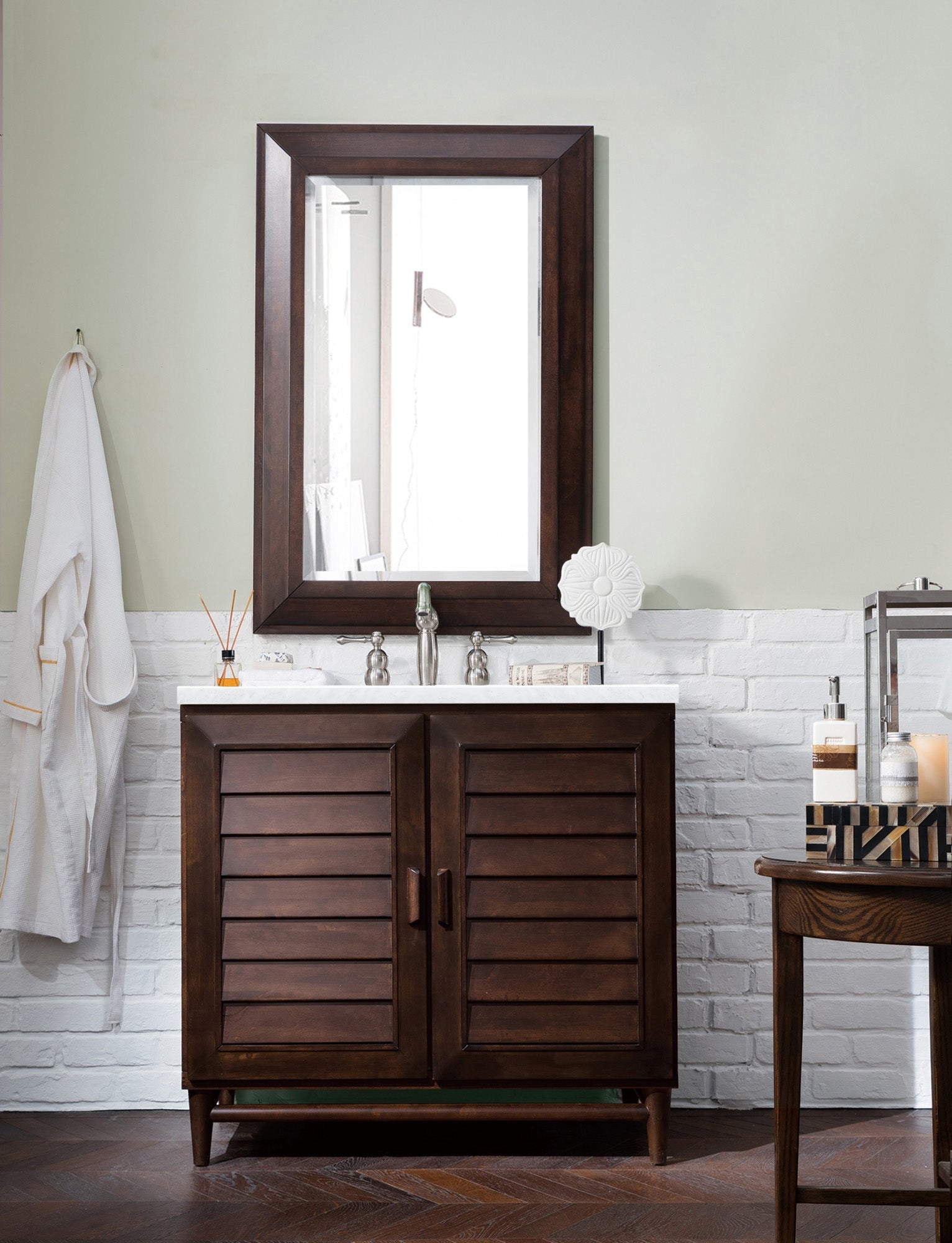 Portland 36 Inch Single Bathroom Vanity with Burnished Mahogany Finish & 3CM Classic White Quartz Countertop - Perfect for Modern Master Bathrooms and Powder Rooms