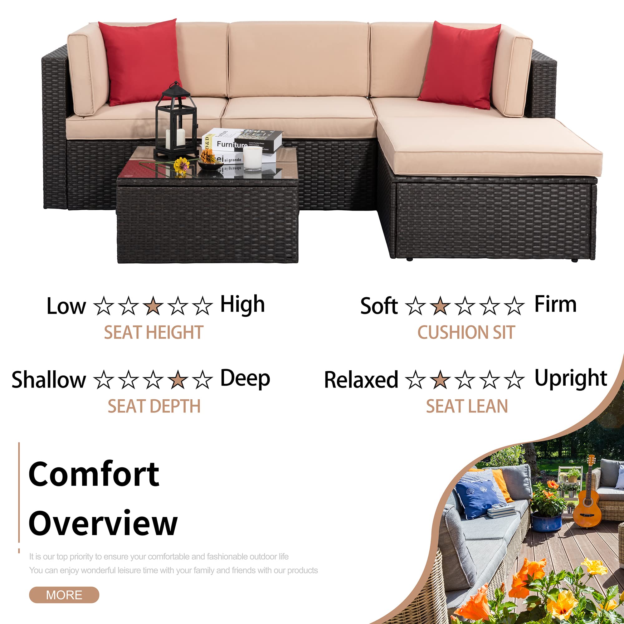 **Shintenchi 5-Piece All-Weather Outdoor Patio Furniture Set - PE Rattan Wicker Sectional Sofa with Glass Table, Ottoman, Cushions & Red Pillows - Perfect for Backyard, Garden, and Poolside Relaxation**