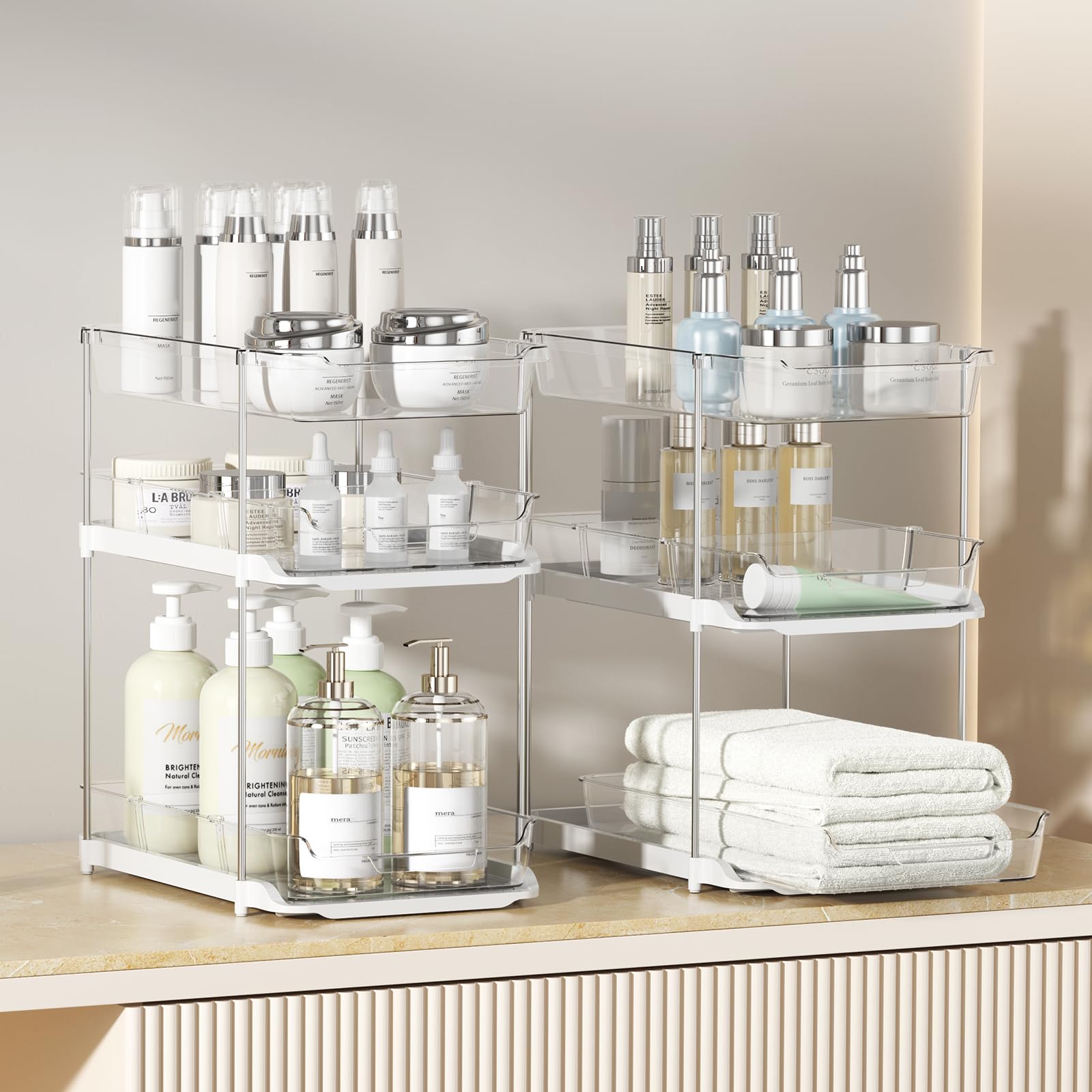 Delamu 2-Pack 3-Tier Under Sink Organizer Set - Stackable Bathroom & Kitchen Storage with Adjustable Dividers - Clear Pull-Out Cabinet Organizer for Pantry, Bathroom & Closet Organization (Perfect for Small Spaces & Home Organization)