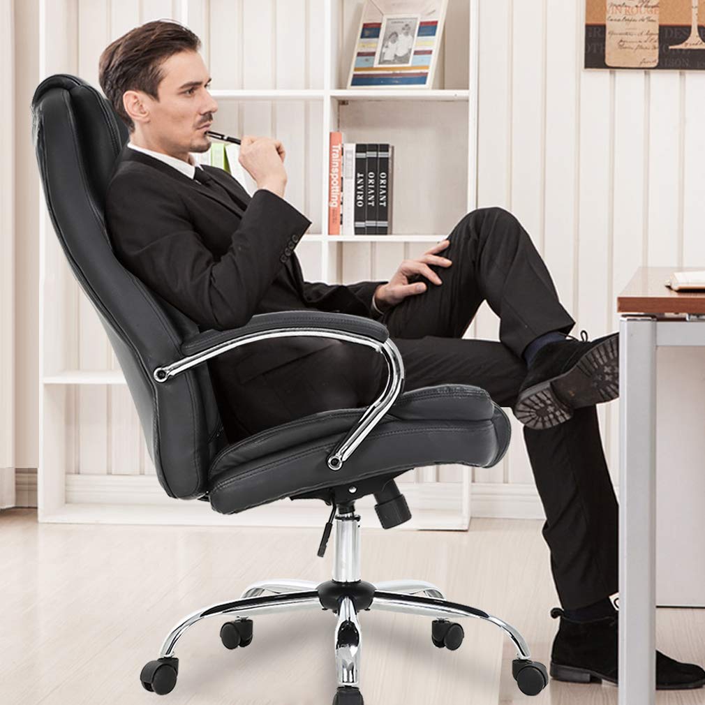 Ergonomic Office Chair - Adjustable High Back PU Leather Executive Desk Chair with Lumbar Support & Rolling Swivel Wheels - Black - Perfect for Home Office, Gaming Setup, and Computer Workstations