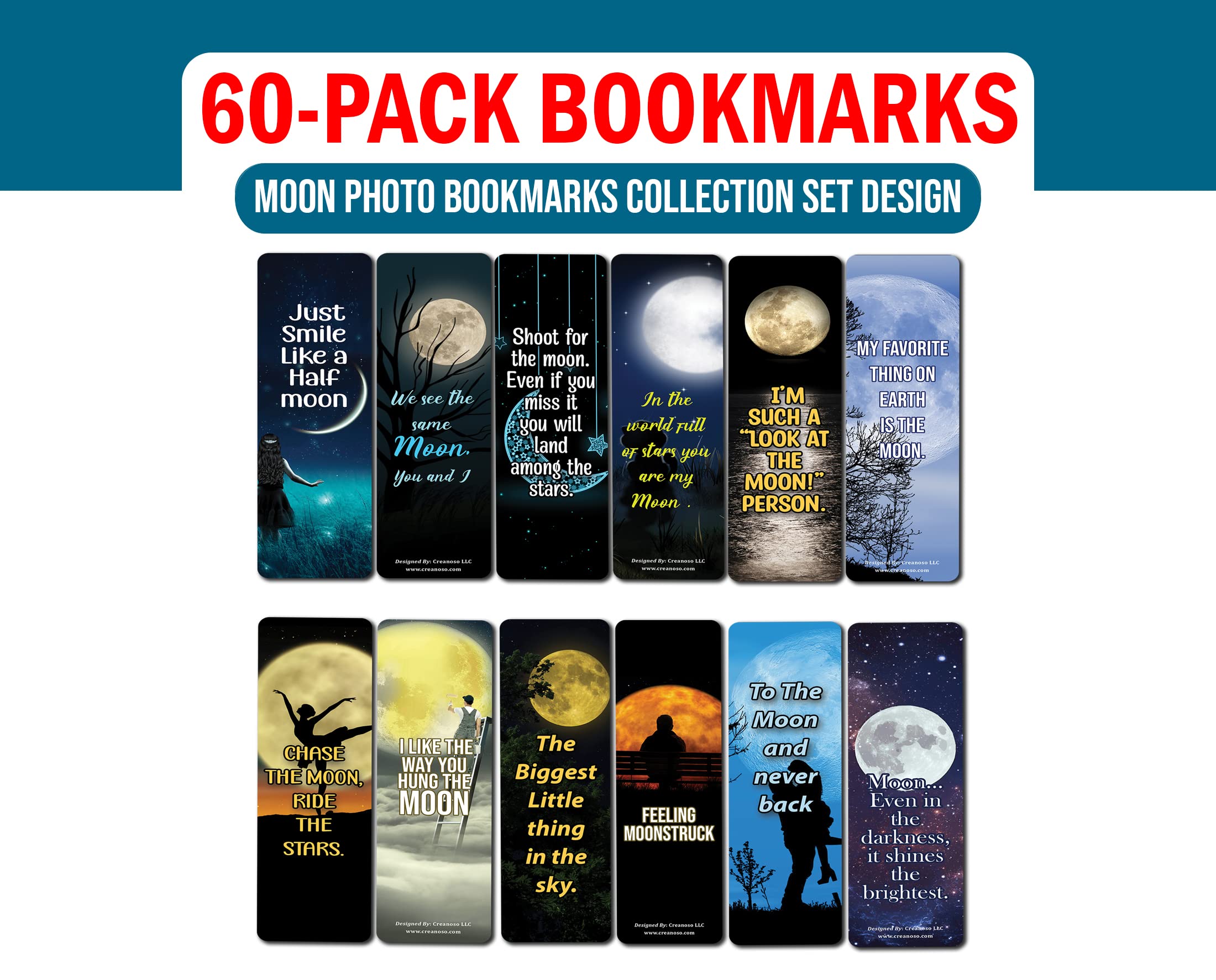 Creanoso Moon Photo Bookmarks (10 Sets X 6 Cards) – Inspirational Bookmark Set with Motivational Quotes – Unique Book Page Clippers for Readers – Perfect Gift for Book Lovers, Adults & Teens – Ideal for Reading, Journaling & Book Club Gifts