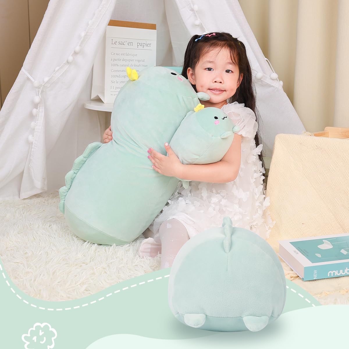 AIXINI 35.5 Inch Super Soft Dinosaur Plush Stuffed Animal - Cylindrical Body Pillow for Kids & Adults, Cute Cartoon Hugging Toy Gift for Birthday, Christmas (Great for Cuddling, Home Decor & Stress Relief)