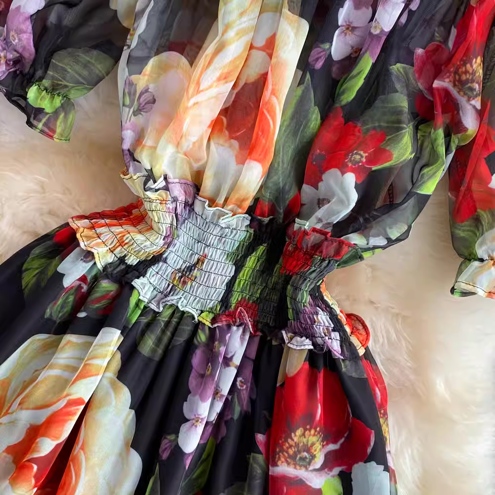 Off The Shoulder A-Line Printed Chiffon Dress for Women - Flowy Summer Party Cocktail Dress with Floral Pattern | Perfect for Beach Weddings, Date Nights & Special Occasions