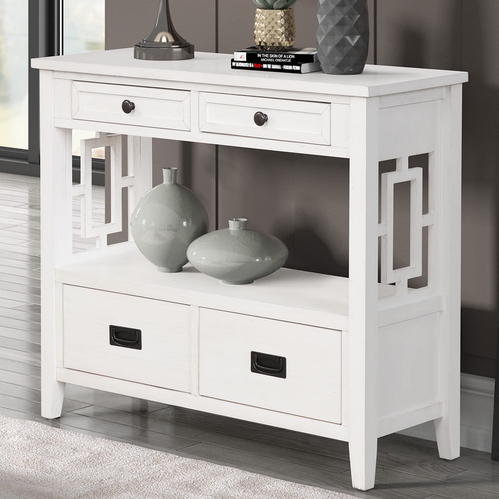 P PURLOVE Wooden Sofa Table Console Table with 4 Storage Drawers & 1 Shelf - Entryway, Living Room, Hallway, Bedroom Furniture - Antique White Finish for Home Decor & Organization