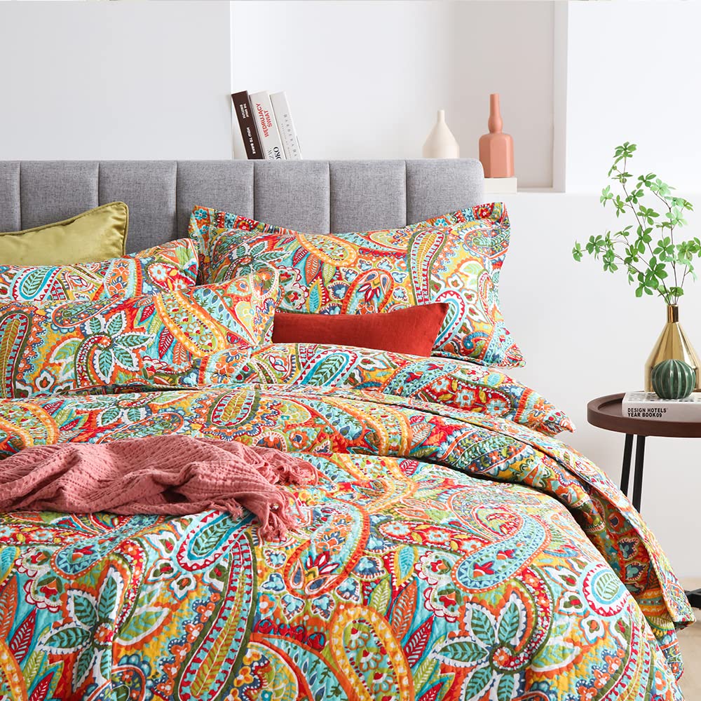 Autumn Dream Cotton Bedspread Quilt Set - 3 Piece Reversible Comforter Coverlet Set with Gorgeous Yellow Paisley Design, King Size - Perfect for Fall Bedroom Decor & Cozy Seasonal Home Styling