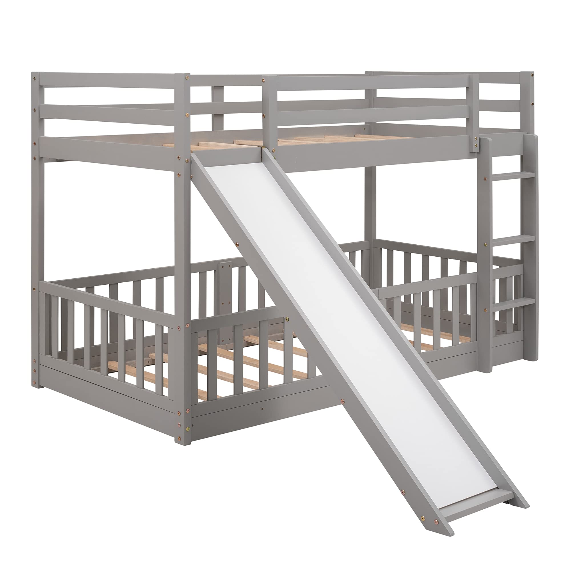RUNNA Twin Over Twin Wood Bunk Bed with Convertible Slide & Ladder - Space Saving Kids Bunk Bed Frame with Full-Length Guardrail - Convertible to Loft Bed (Gray+Wood) - Perfect for Small Bedrooms, Shared Kids Rooms & Vacation Homes