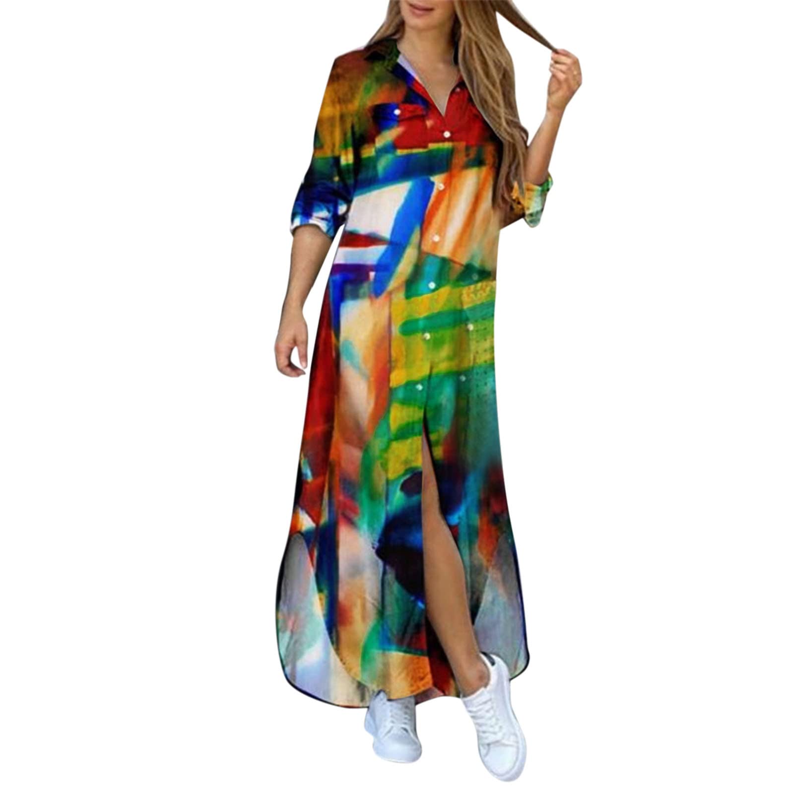 Women's Long Sleeve Split Maxi Dress - Loose Fit Button Down Summer Casual Dress with Asymmetrical Hem | Perfect for Beach Vacations, Date Nights & Outdoor Events