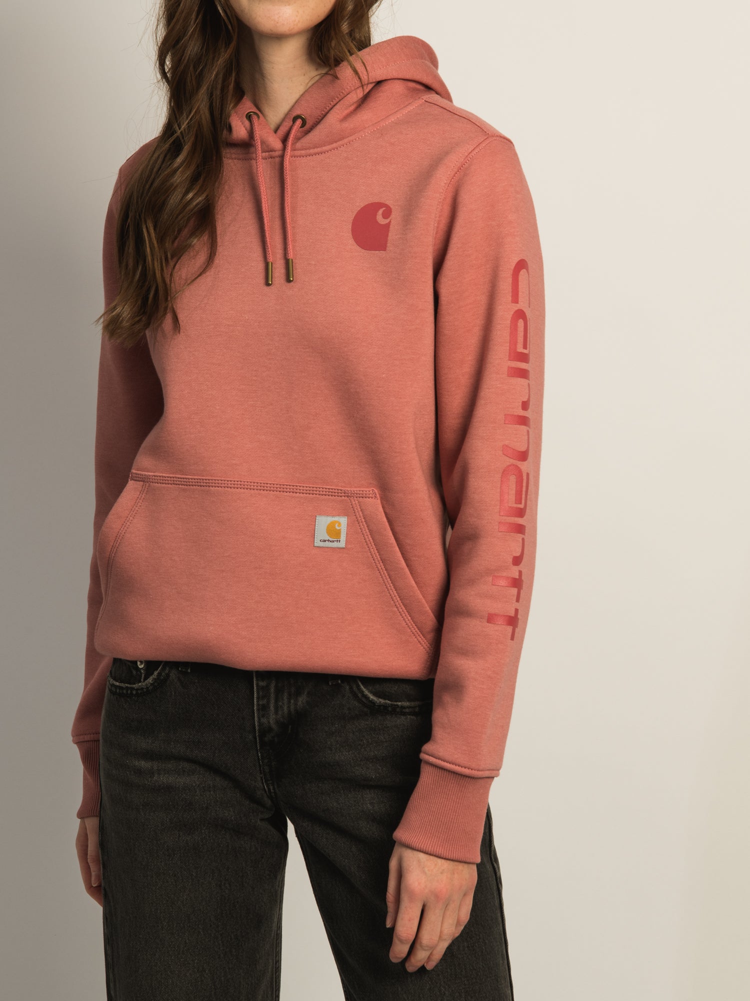 Carhartt Logo Sleeve Pullover Hoodie for Women - Rose Pink Fleece Sweatshirt for Casual Wear, Work & Outdoor Activities