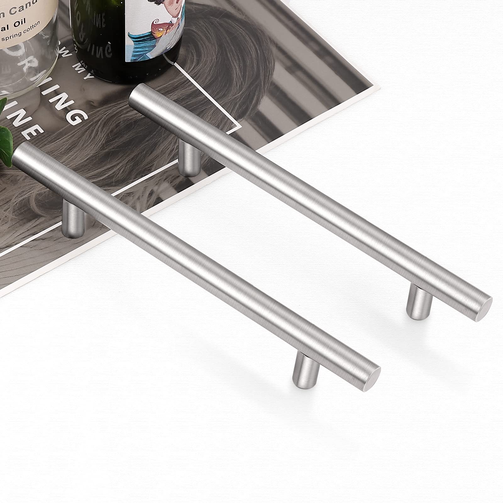 25 Pack 5 Inch Euro T Bar Cabinet Pulls - Stainless Steel Kitchen Drawer Handles with Brushed Nickel Finish - Perfect for Modern Cabinets, Dressers & Furniture Upgrades
