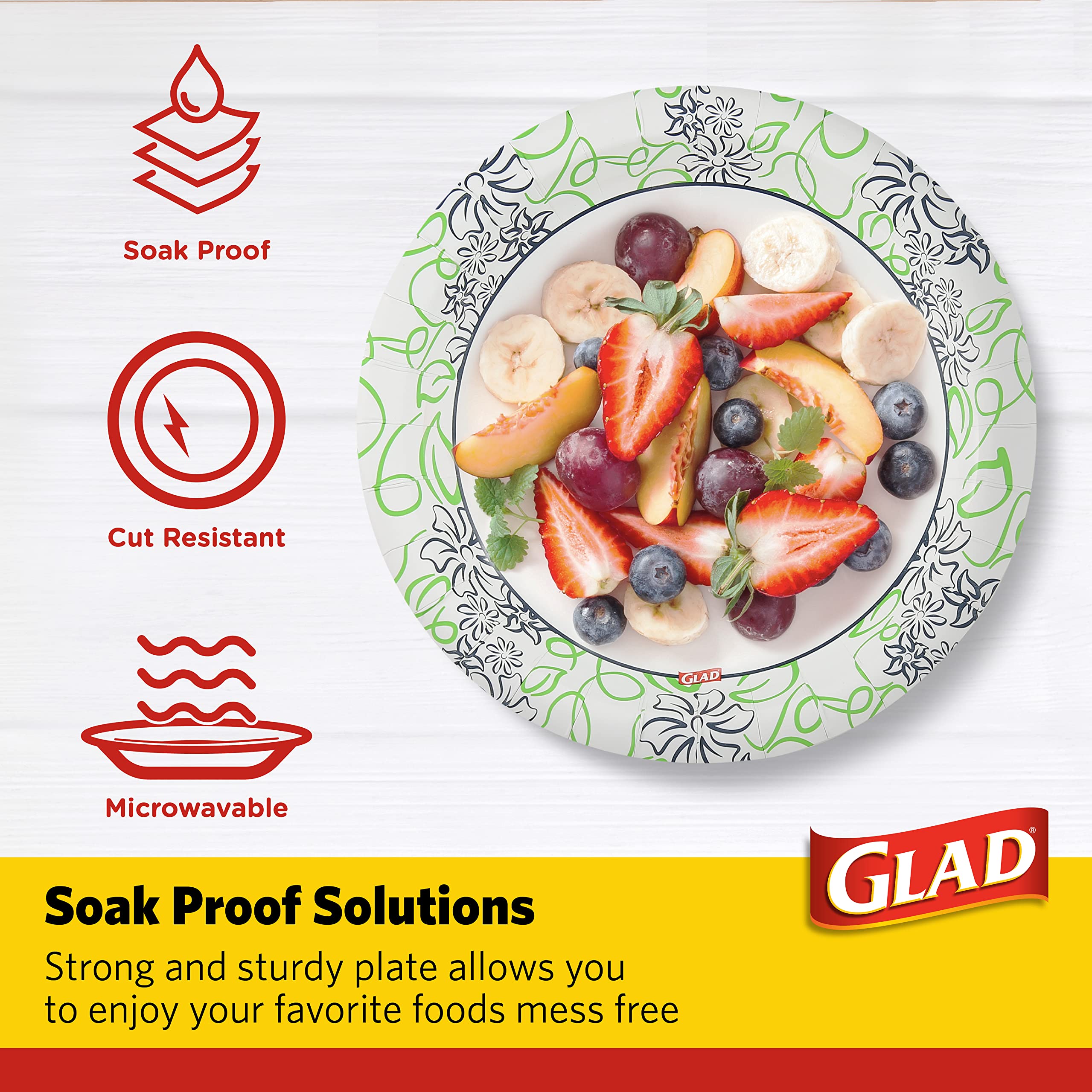 Glad 8.5-Inch Round Heavy Duty Disposable Paper Plates - Soak Proof, Cut Resistant & Microwavable - White with Blue Green Floral Design - 600 Count (12 Packs of 50) - Perfect for Parties, BBQs, Picnics & Family Gatherings