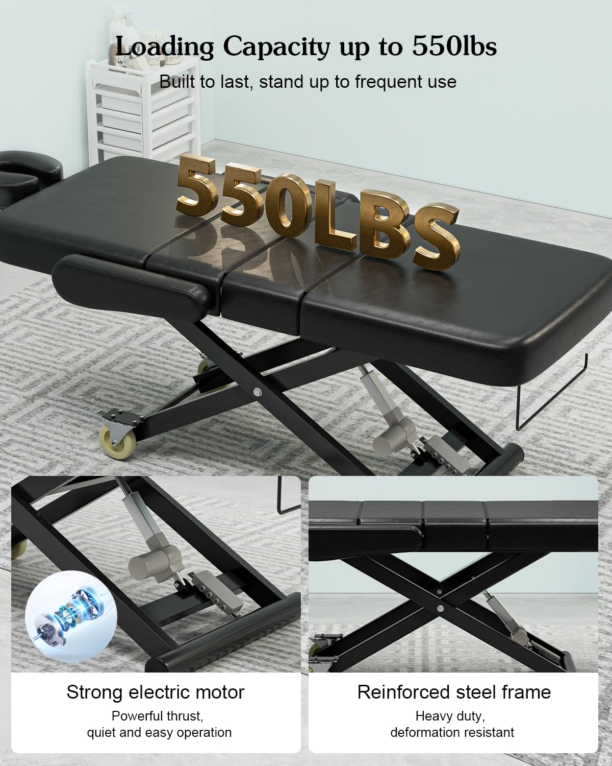 Professional Fully Electric Massage Table with 3 Motors & Custom Angle Adjustment - 550lbs Capacity Height Adjustable Folding Tattoo Chair with Wheels (Black) - Perfect for Massage Therapy, Tattoo Parlors & Beauty Salons