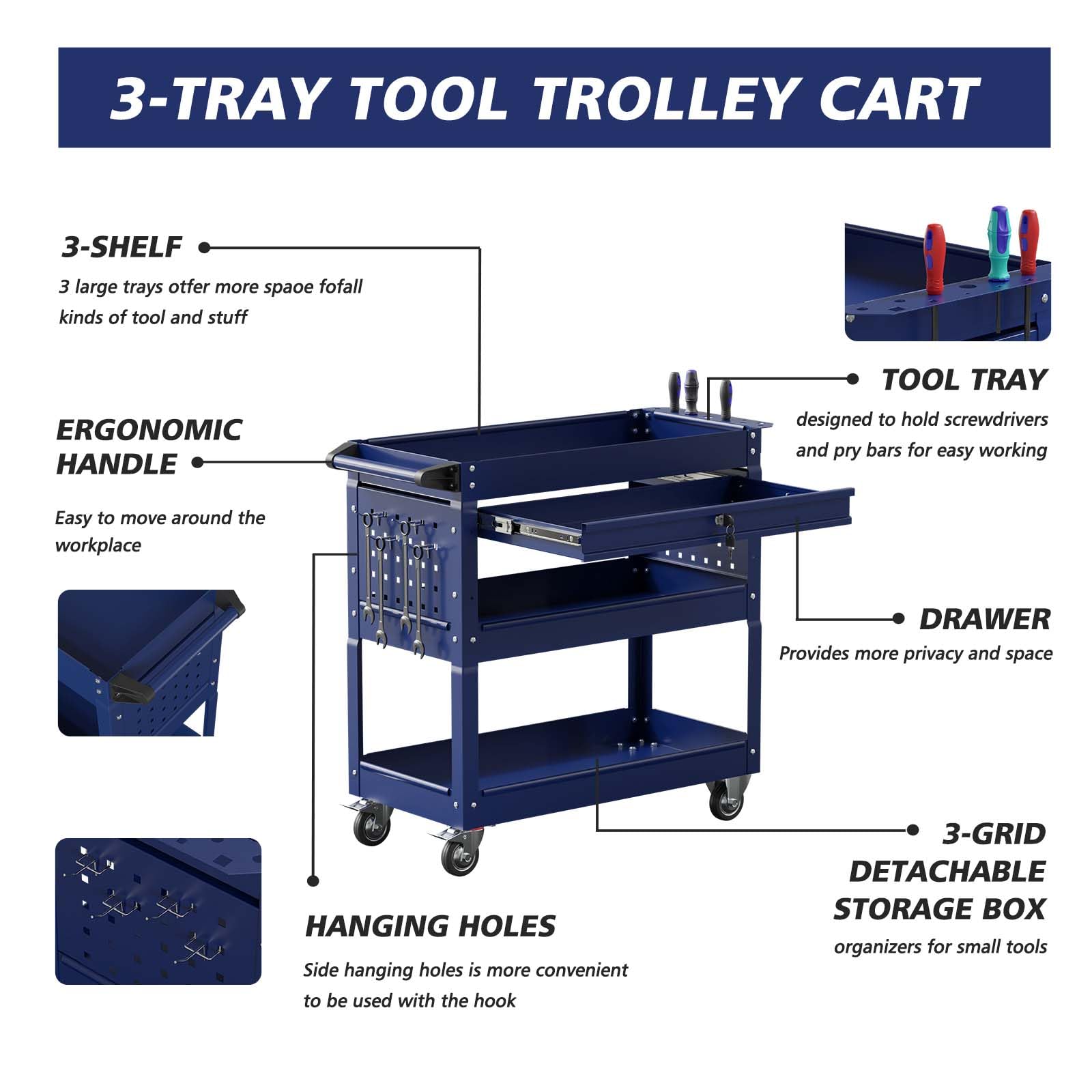 4-Wheel Rolling Tool Cart with Ball-Bearing Slides - Heavy Duty Tool Storage Chest for Garage, Workshop & Warehouse - Portable Tool Organizer for Mechanics & DIY Projects (Blue)