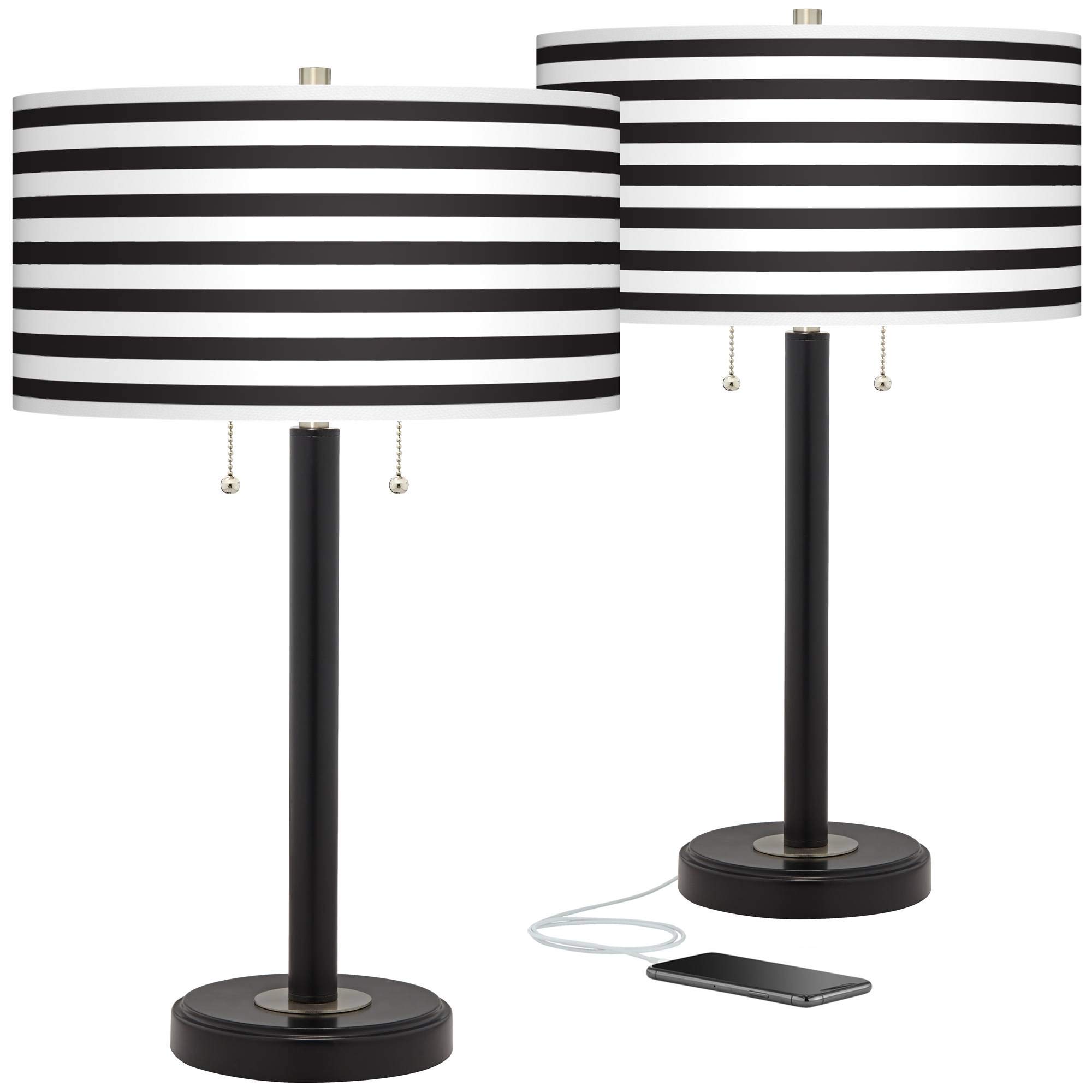 Arturo USB Table Lamp Set of 2 - Black Horizontal Stripe with Printed Shade for Bedroom, Office, and Living Room Lighting