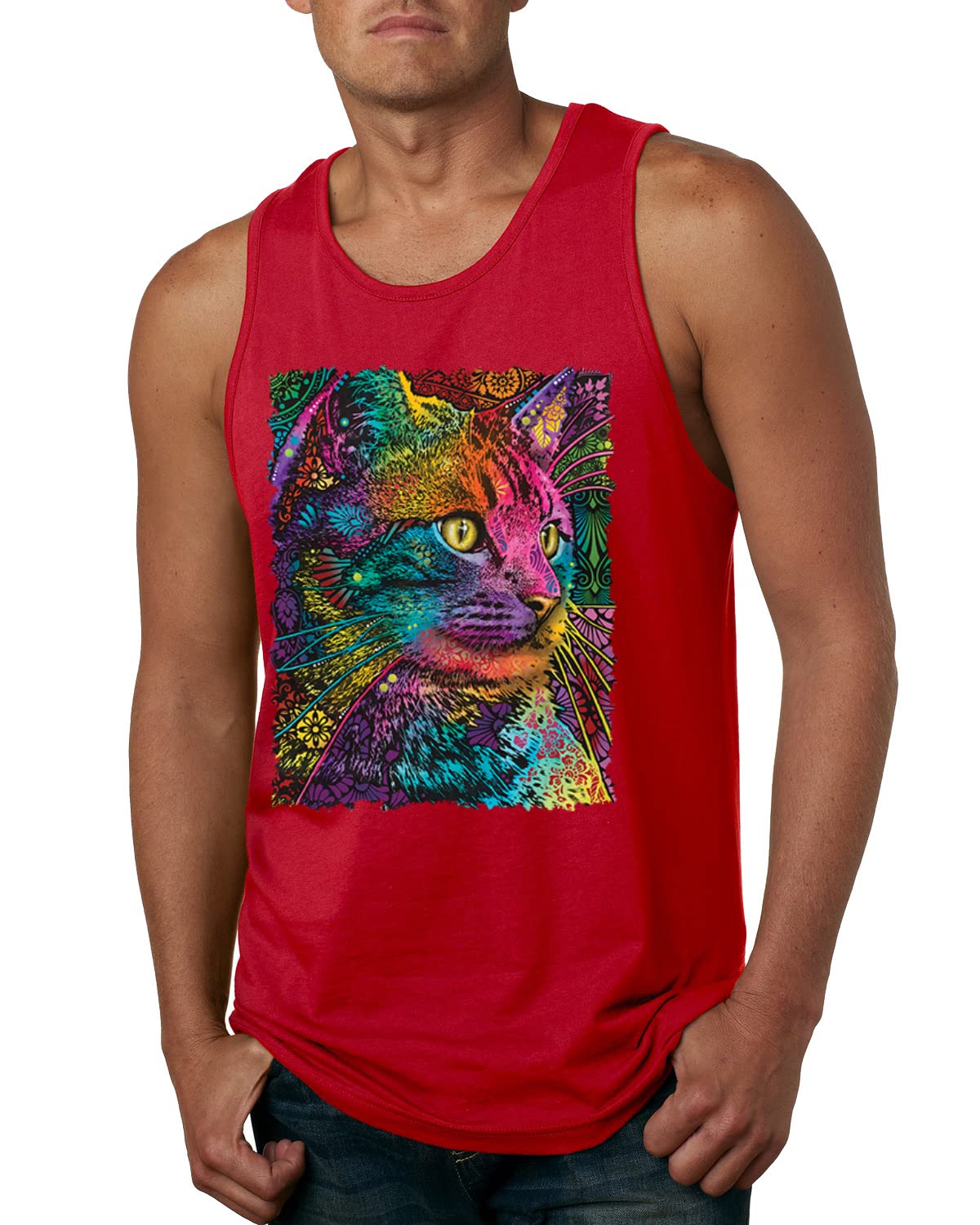 Dean Russo Art Cat Lover Graphic Tank Top for Men - Colorful Cat Portrait Tee for Cat Owners | Perfect for Casual Wear, Cat Themed Parties & Gifts