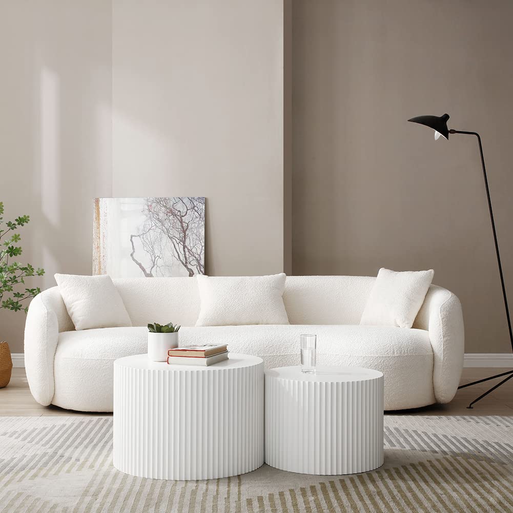 Modern White Round Nesting Coffee Table Set of 2 - Fluted Side Tables with Contemporary Circle Design for Living Room, Office - Perfect for Small Spaces, Coffee Corner & Lounge Areas