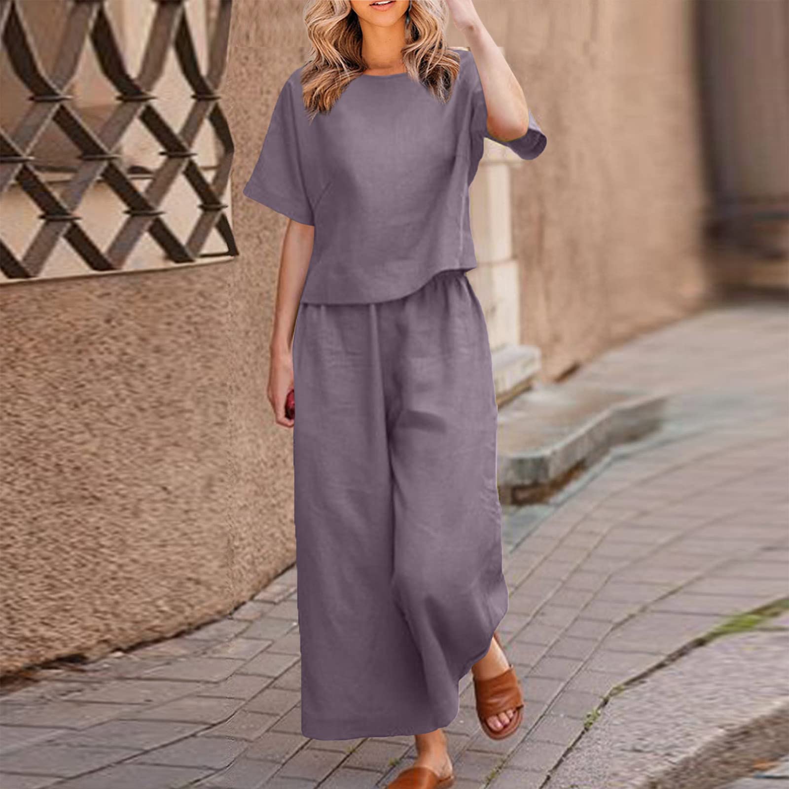 Women's 2-Piece Linen Lounge Set - Summer Crop Top & Elastic Waist Wide Leg Pants | Comfortable Vacation & Travel Outfits 2024 | Perfect for Beach, Yoga & Casual Wear
