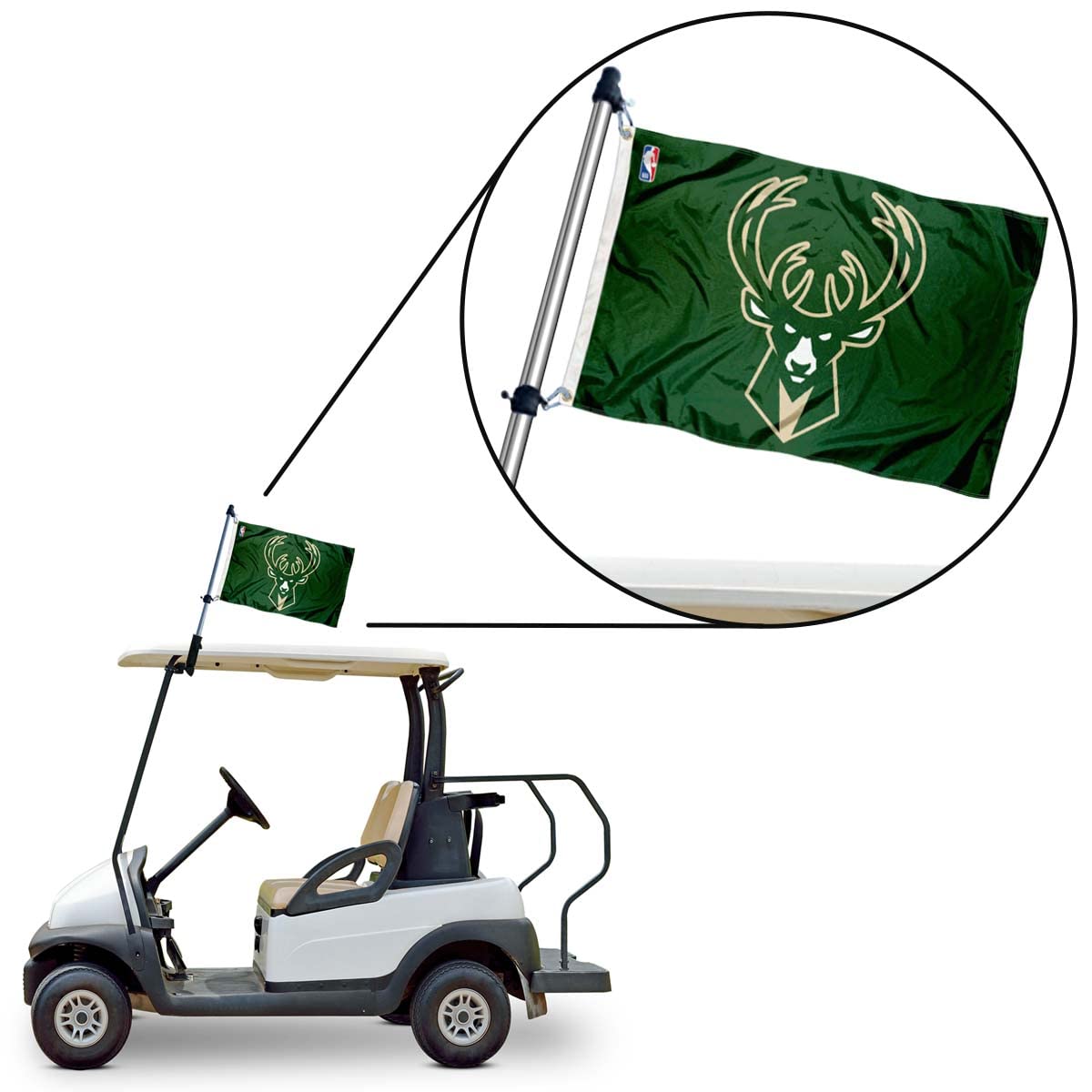 Milwaukee Bucks Golf Cart Flag Pole with Holder Mounting Bracket - Officially Licensed NBA Team Car Flag for Golf Carts, ATVs & UTVs - Perfect for Game Days, Tailgating & Fan Support