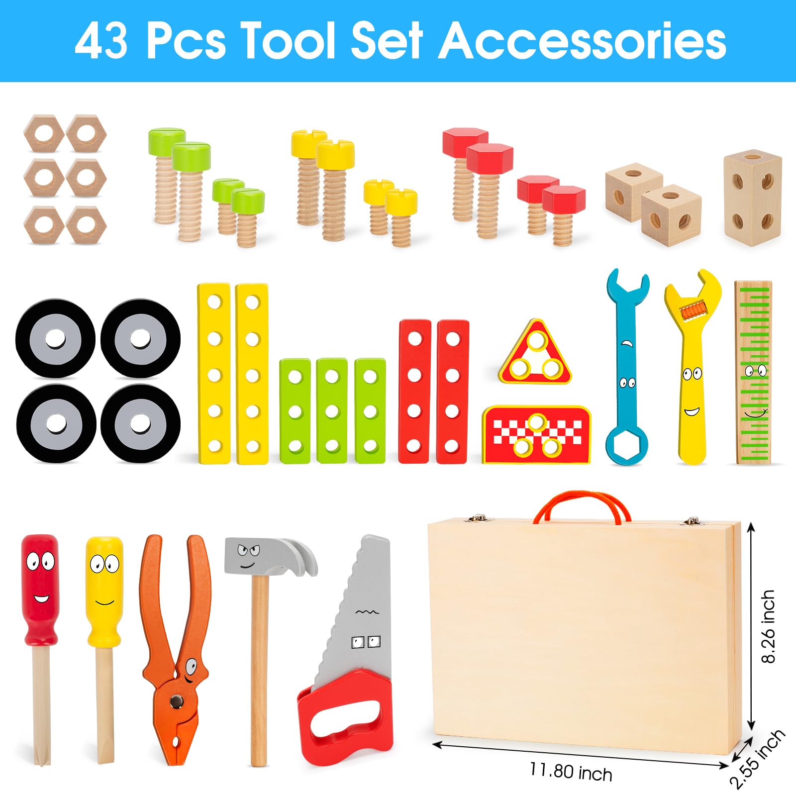 LACCHOUFEE 43-Piece Wooden Kids Tool Set - STEM Montessori Learning Toy for 3-5 Year Old Boys & Girls, Educational Construction Building Kit with Storage Box | Perfect for Birthday Gifts, Pretend Play & Early Childhood Development