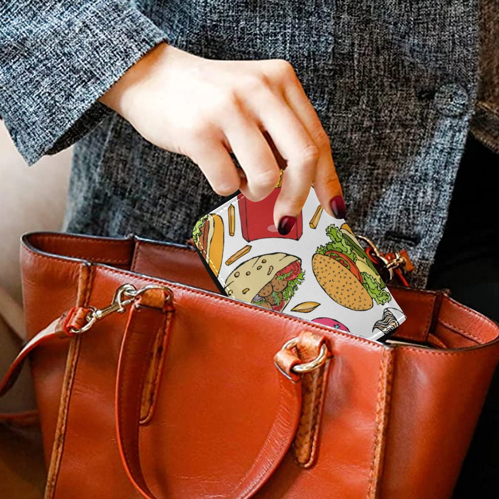 RFID Blocking Women's Leather Wallet - Compact Credit Card Holder with Zipper for Coins, Keys & Change | Stylish Purse Organizer for Burgers, French Fries & Donut Shops | Perfect Clutch Pouch for Everyday Use & Travel