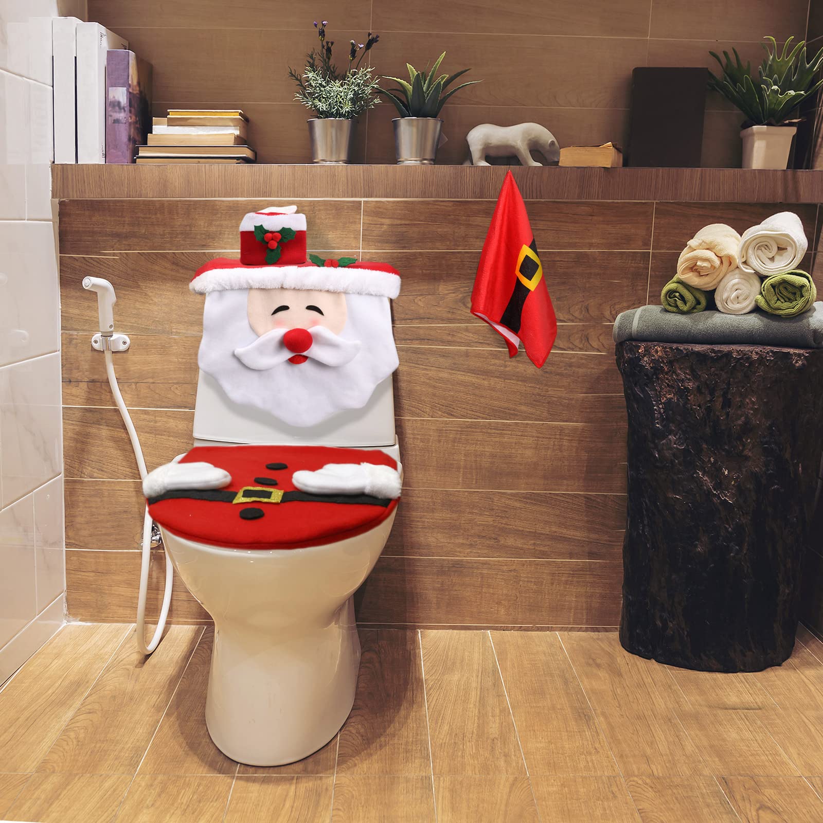 BL Ninfee Christmas Toilet Seat Cover & Towel Set - Festive Santa Design for Holiday Bathroom Decor - Perfect for Home, Party & Gift Giving