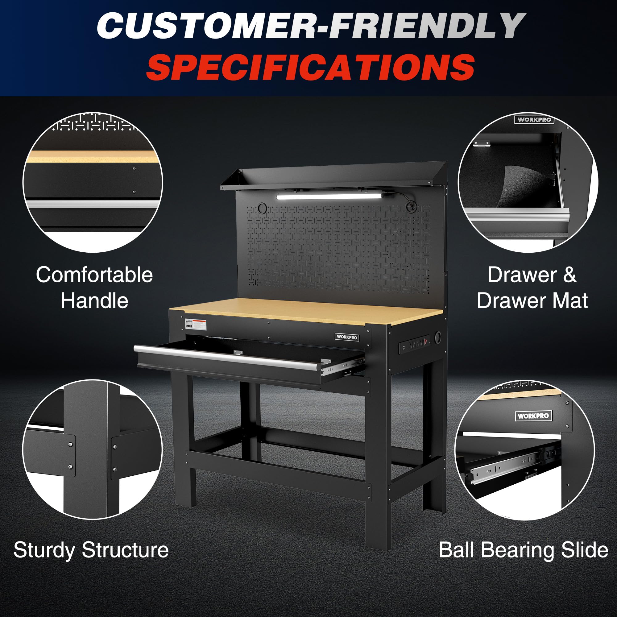 WORKPRO 45-Inch Heavy-Duty Garage Workbench with Storage, Pegboard, Power Outlets & LED Light - 800 lbs Capacity Work Table for DIY, Woodworking, Home Workshop & Garage Organization