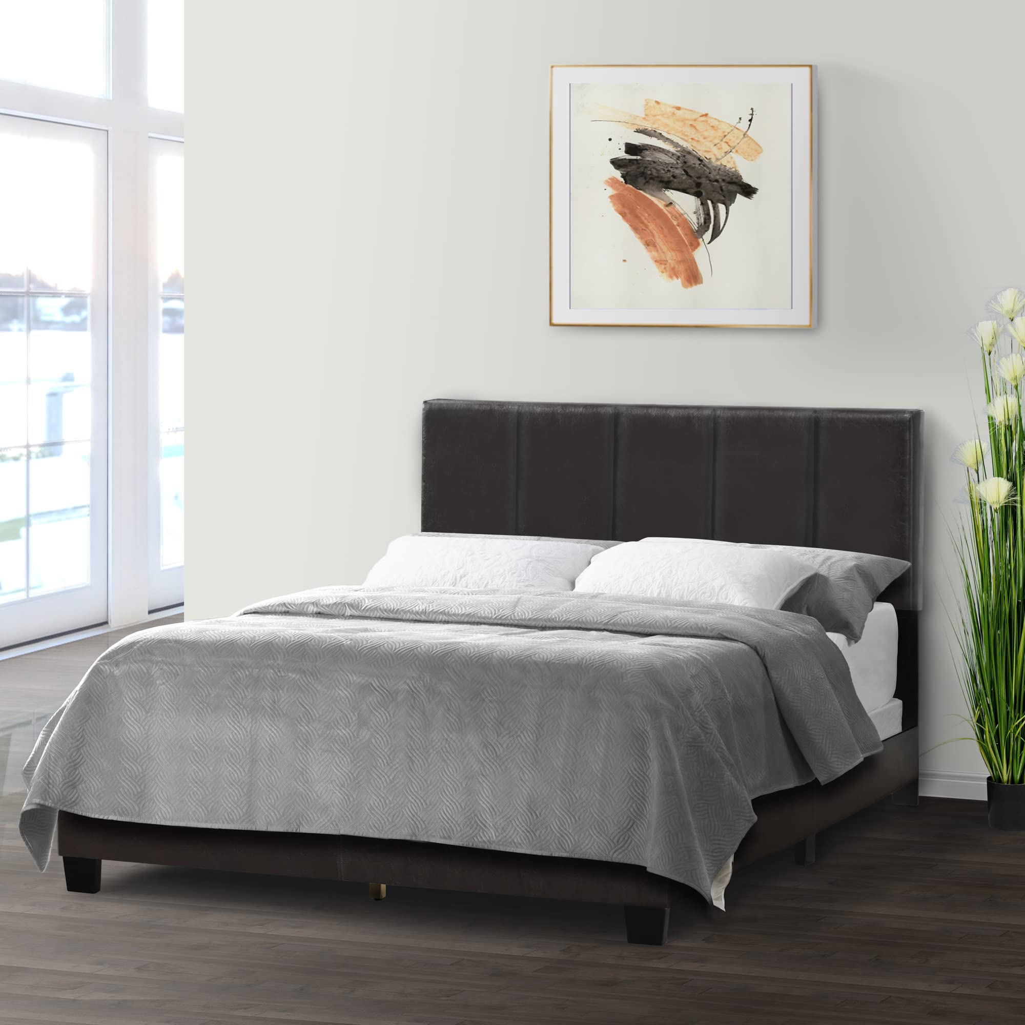 Stylish Arty Black Brown Faux Leather Queen Bed with Elegant Line Stitch Tufting - Perfect for Modern Bedrooms, Guest Rooms & Luxury Home Decor