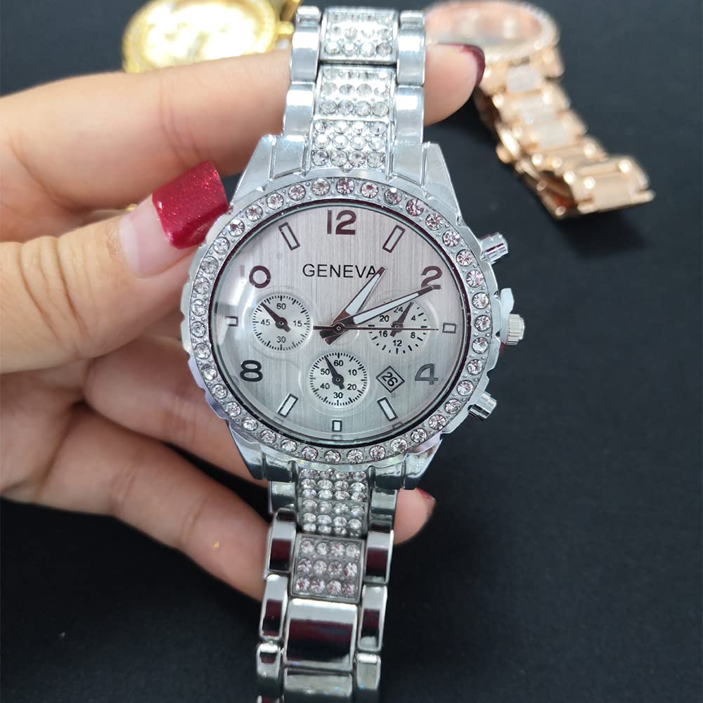 3 Pack Luxury Unisex Pave Crystal Digital Calendar Quartz Watch - Rose Gold & Silver Stainless Steel Bracelet Watches for Men & Women | Perfect for Gifts, Business, and Formal Occasions