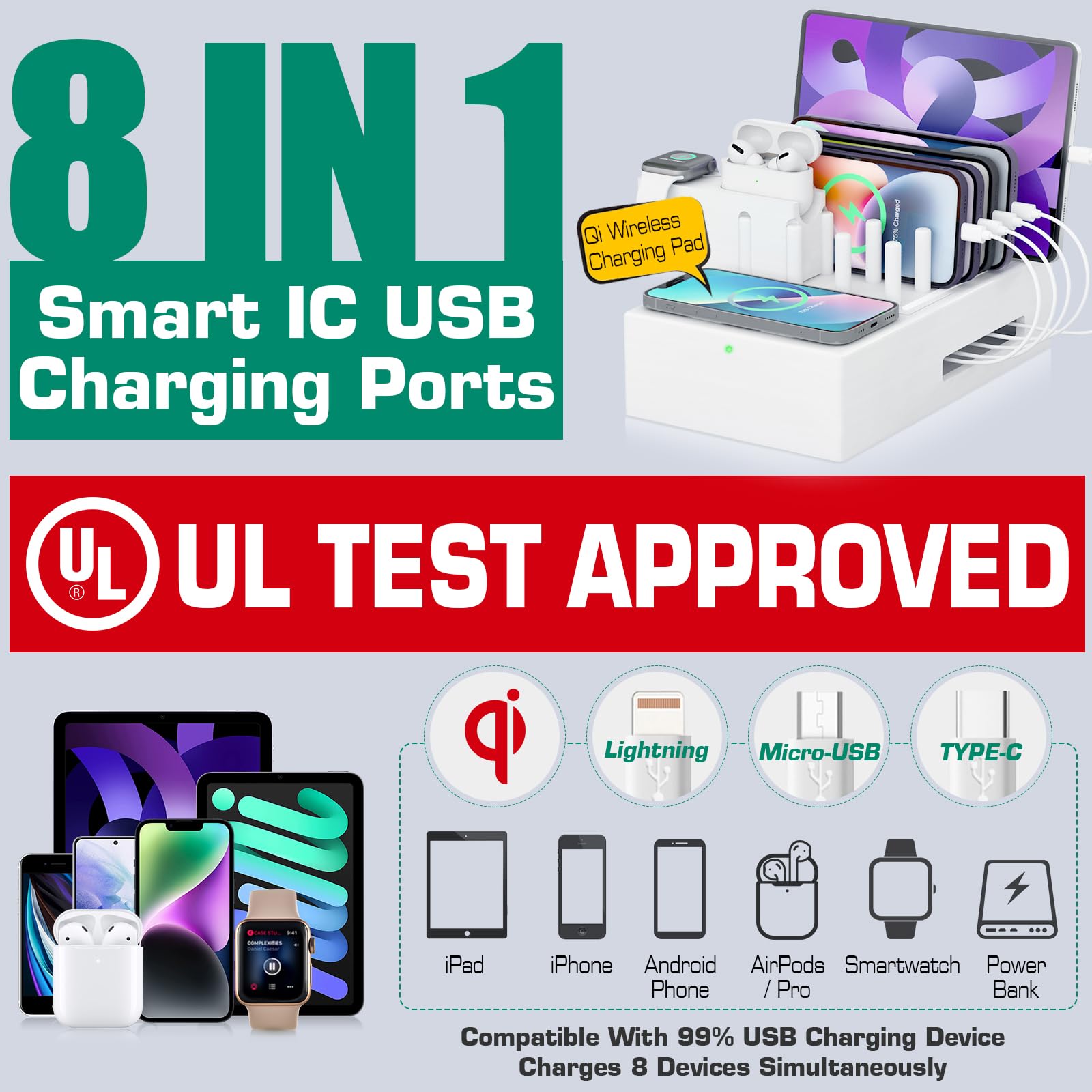 Bamboo Wireless Charging Station for Multiple Devices - Qi Certified Fast Wireless Charger with 7 USB Ports | Wooden Phone Charger Stand for iPhone, Samsung, AirPods, Smartwatch & Tablets | Perfect for Office, Bedroom & Travel (White)