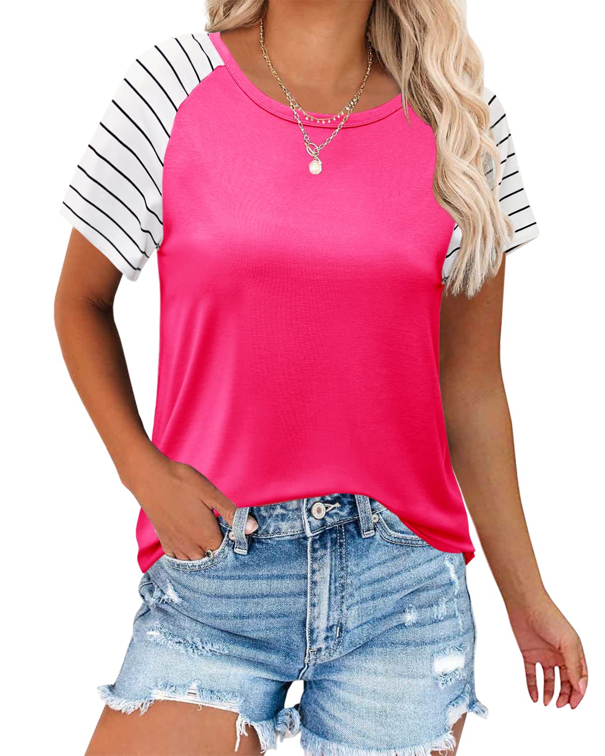 ReachMe Women's Striped 3/4 Sleeve Casual T-Shirt - Raglan Sleeve Round Neck Tee for Everyday Wear, Work & Weekend Outfits