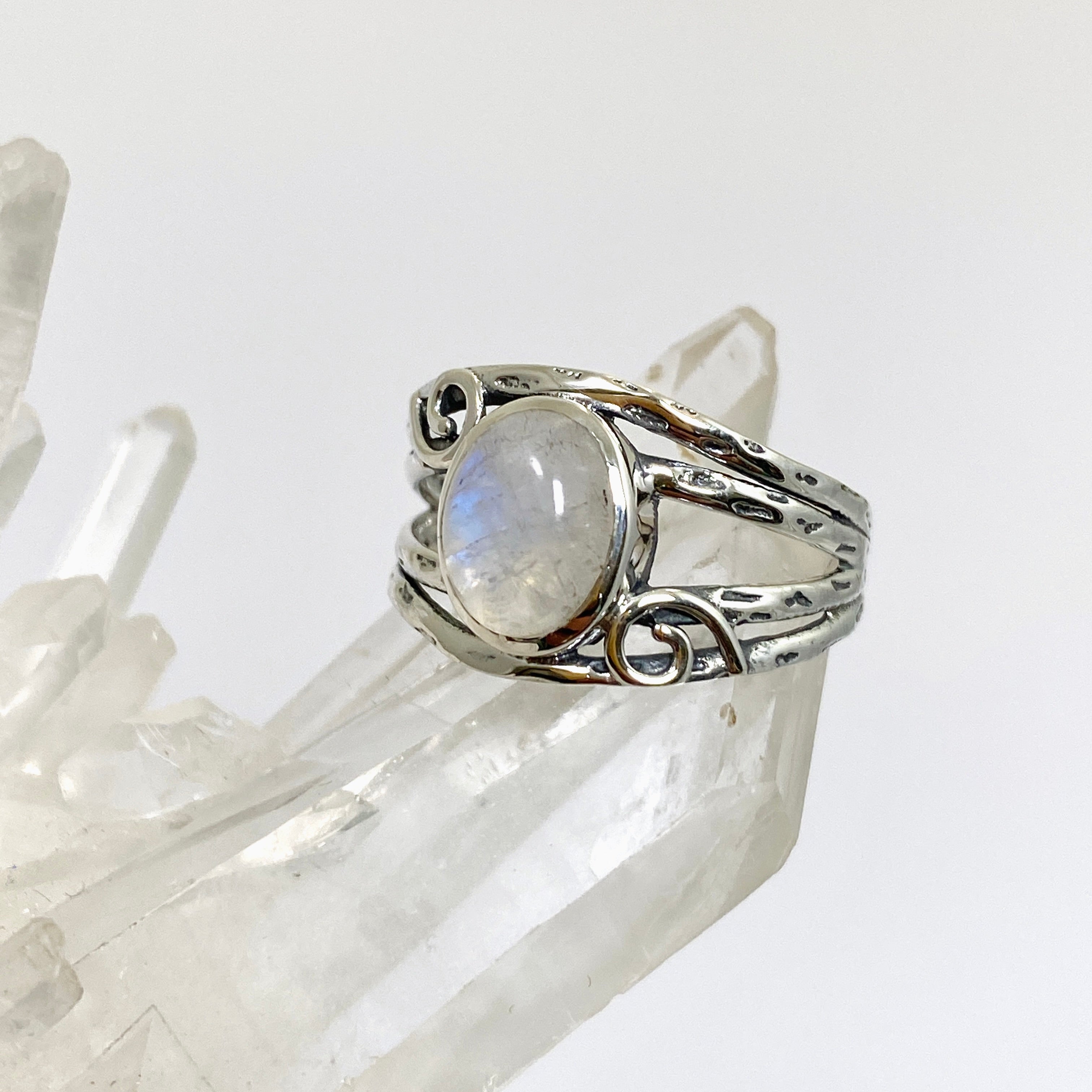 Moonstone Oval Cabochon Ring in Decorative Sterling Silver Setting R4025 - Elegant Jewelry for Women, Perfect for Weddings, Parties & Special Occasions